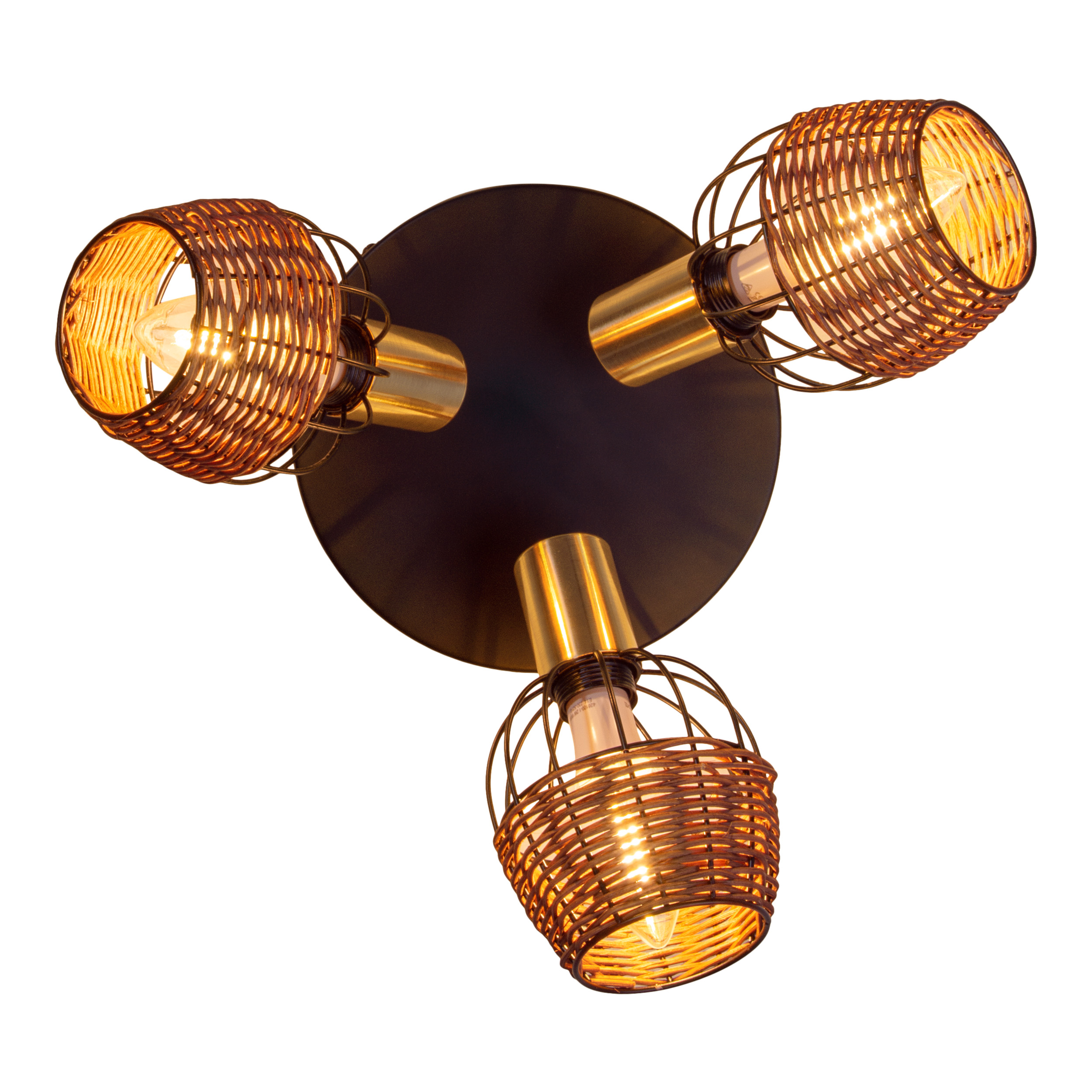 Drei Lampen mit gewebten Schirmen auf schwarzem Sockel. Helles Licht wird von den Glühbirnen emittiert.