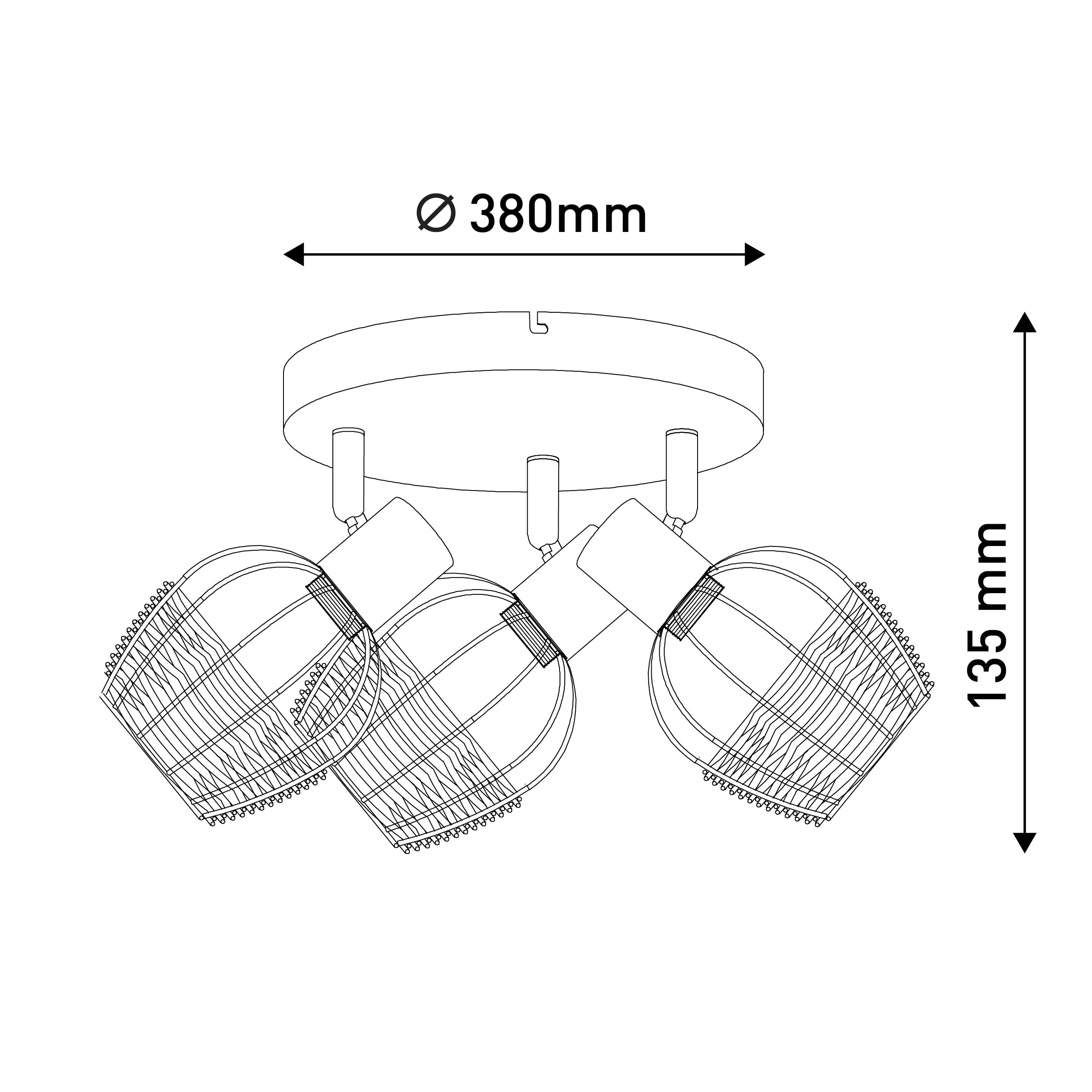 Deckenstrahler mit drei abgewinkelten Lichtern. Die Lichter sind in einem gitterartigen Design.