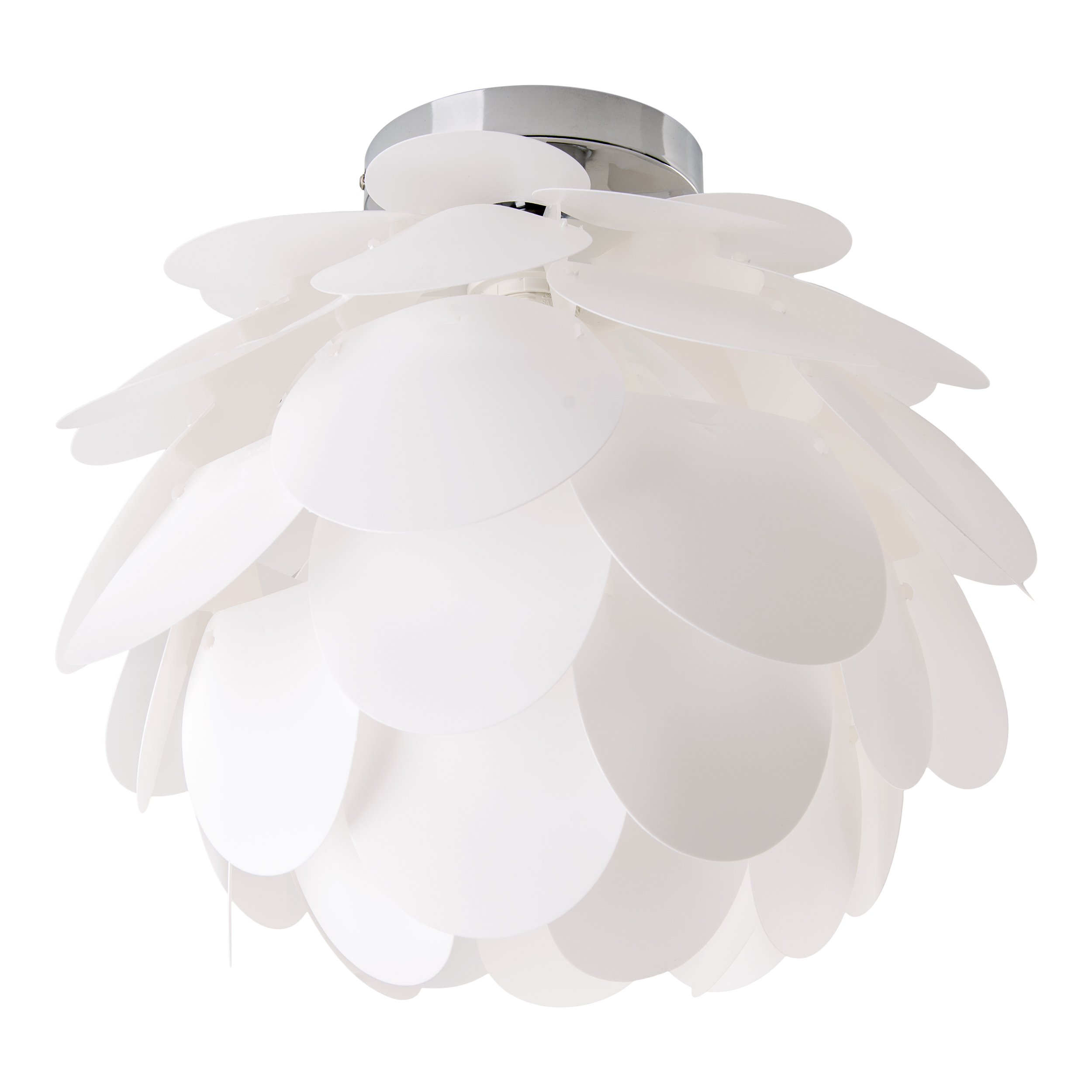 Weiße moderne Deckenlampe mit blütenblattartigen Schichten, auf silberner Basis montiert.