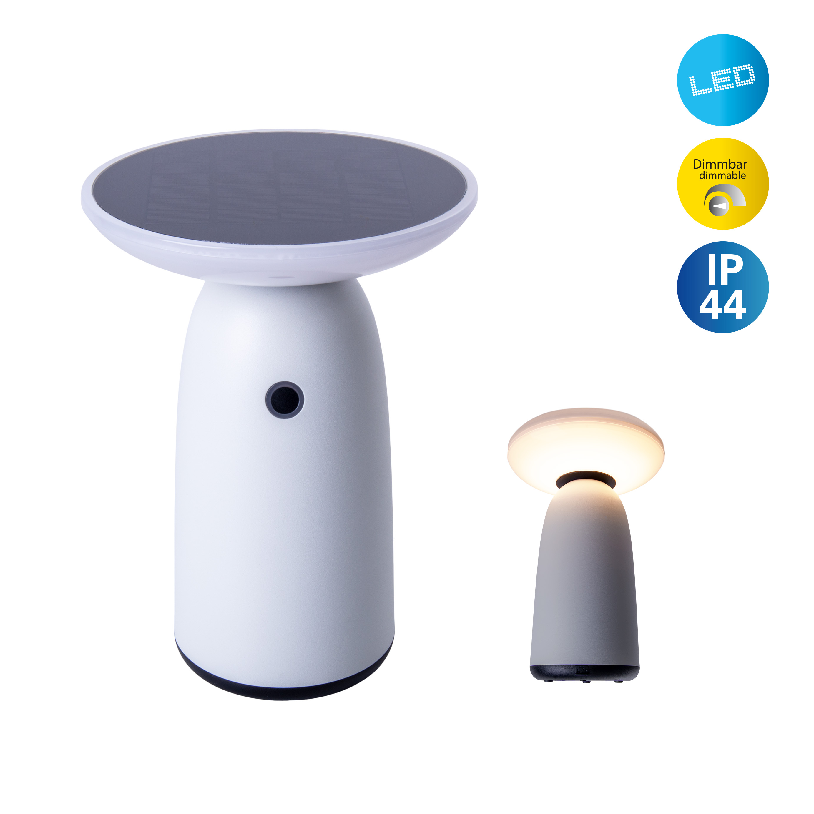 Eine weiße Lampe mit Solarpanel-Oberseite und kleiner Lampe, die Licht aussendet, und den Labels: 'LED', 'dimmbar', 'IP44'.