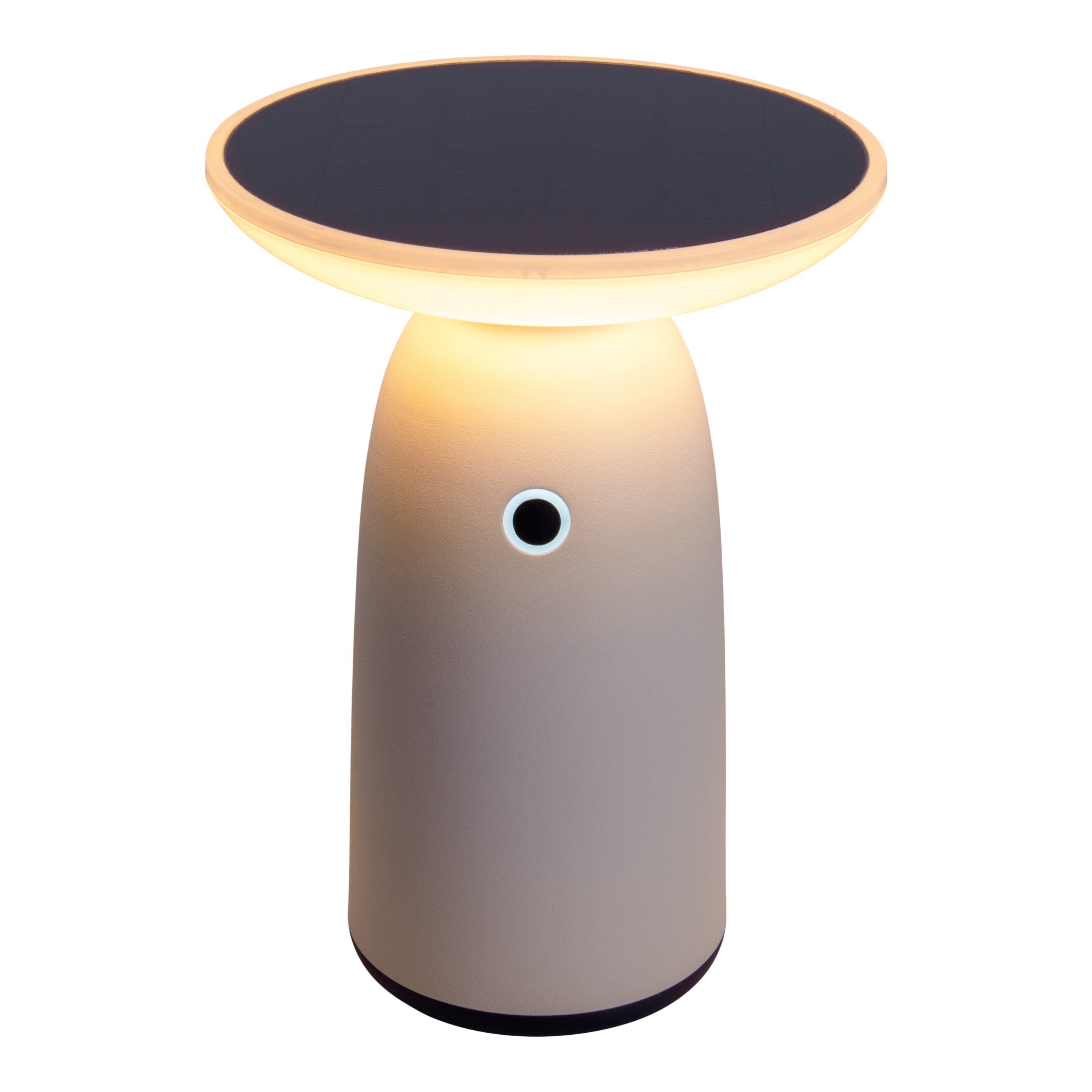 Eine moderne, pilzförmige Außenlampe. Sie hat eine kreisförmige Oberseite, einen weißen Körper und steht auf weißem Grund.