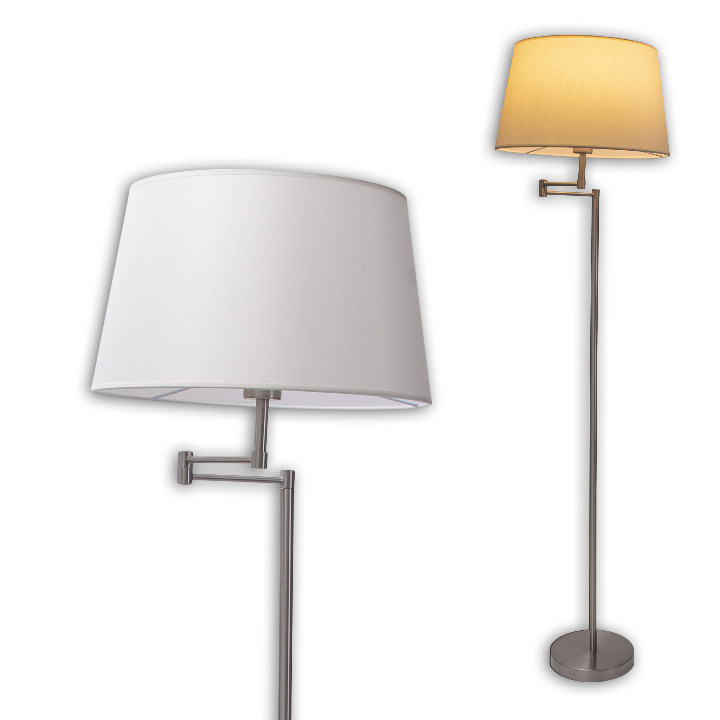 Stehleuchte mit weißem Lampenschirm und verstellbarem Arm auf weißem Hintergrund.