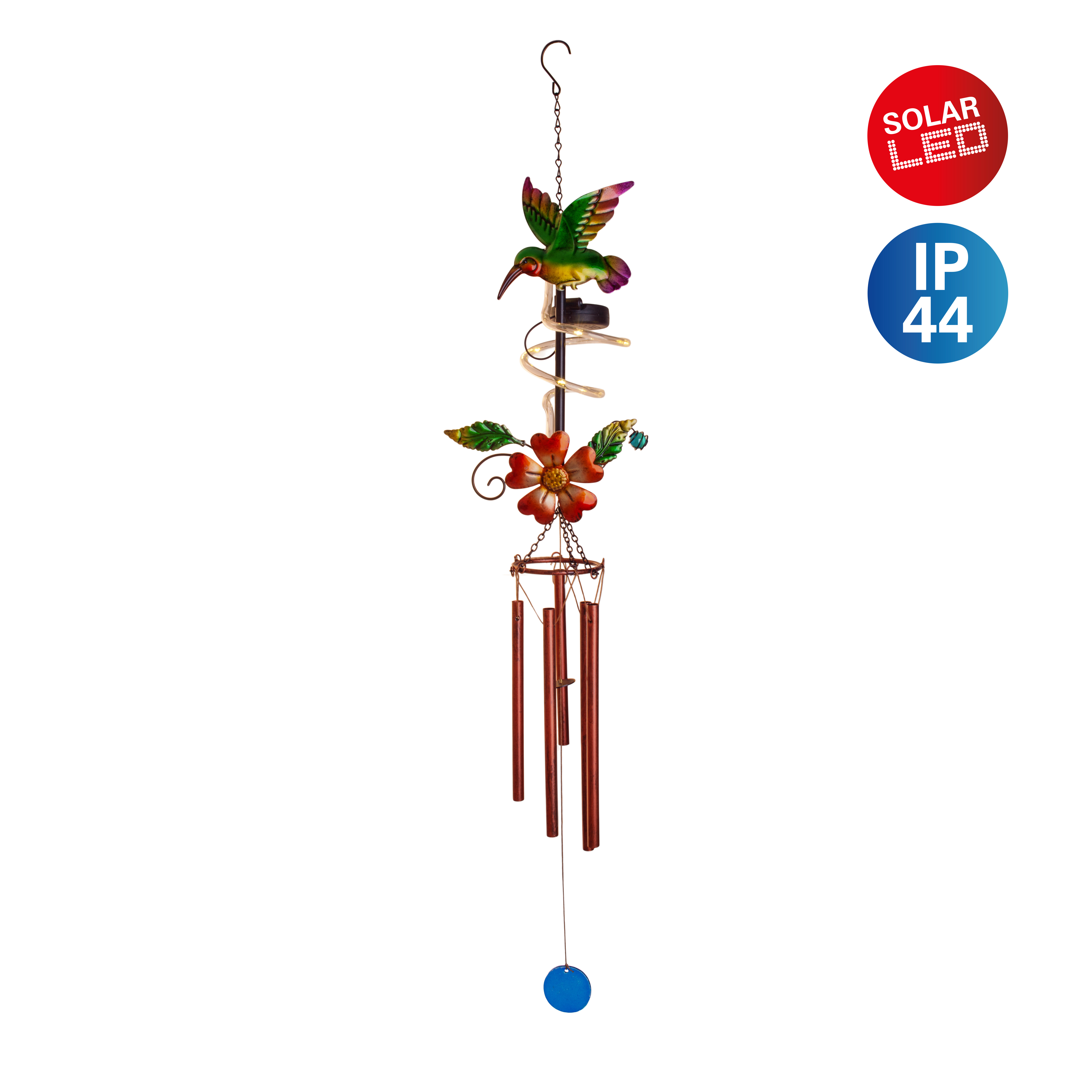 Solarbetriebener Kolibri-Windspiel mit roter Blume und blauen Akzenten.