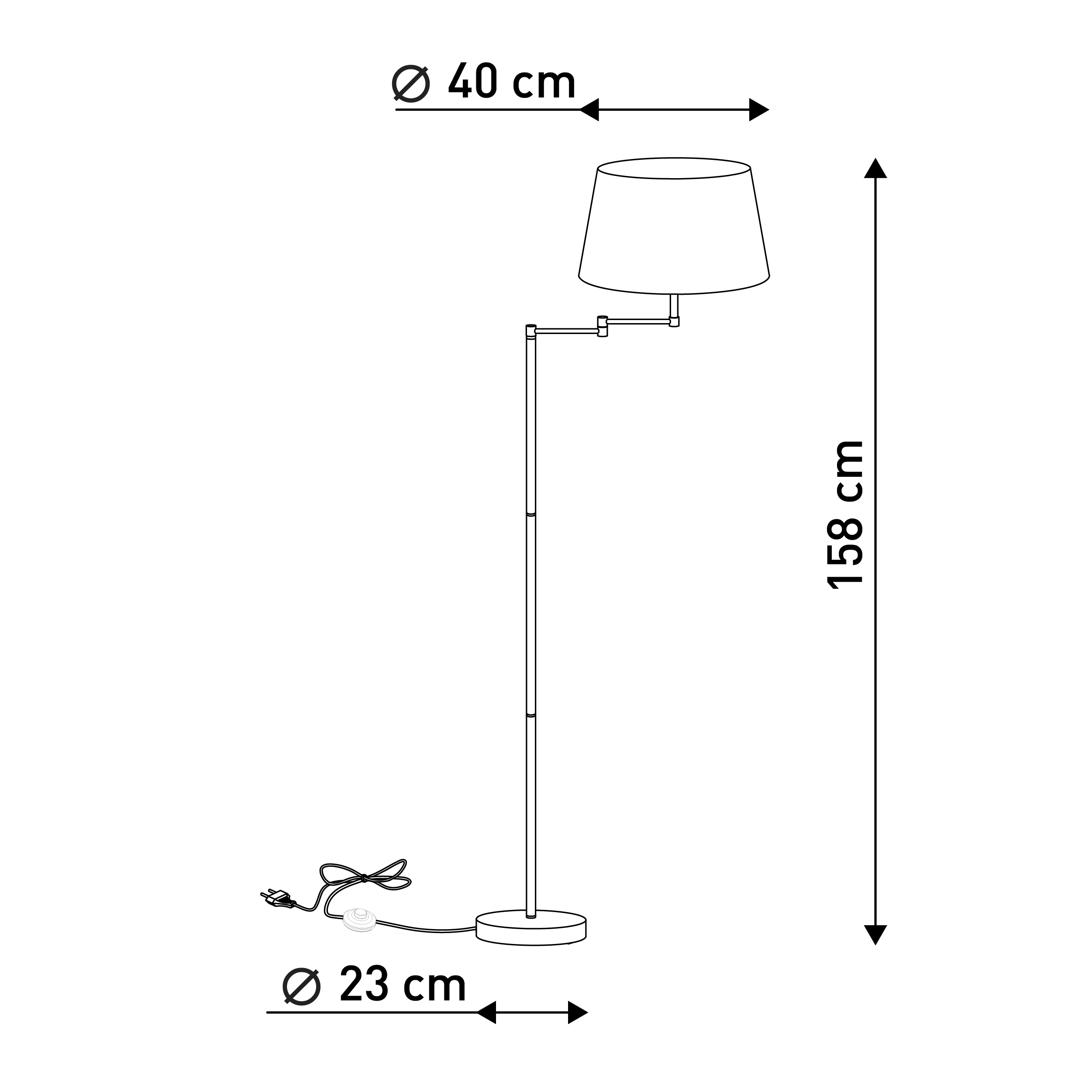 Strichzeichnung einer verstellbaren Stehlampe mit Maßen: 40 cm Schirm, 158 cm Höhe und 23 cm Fuß.