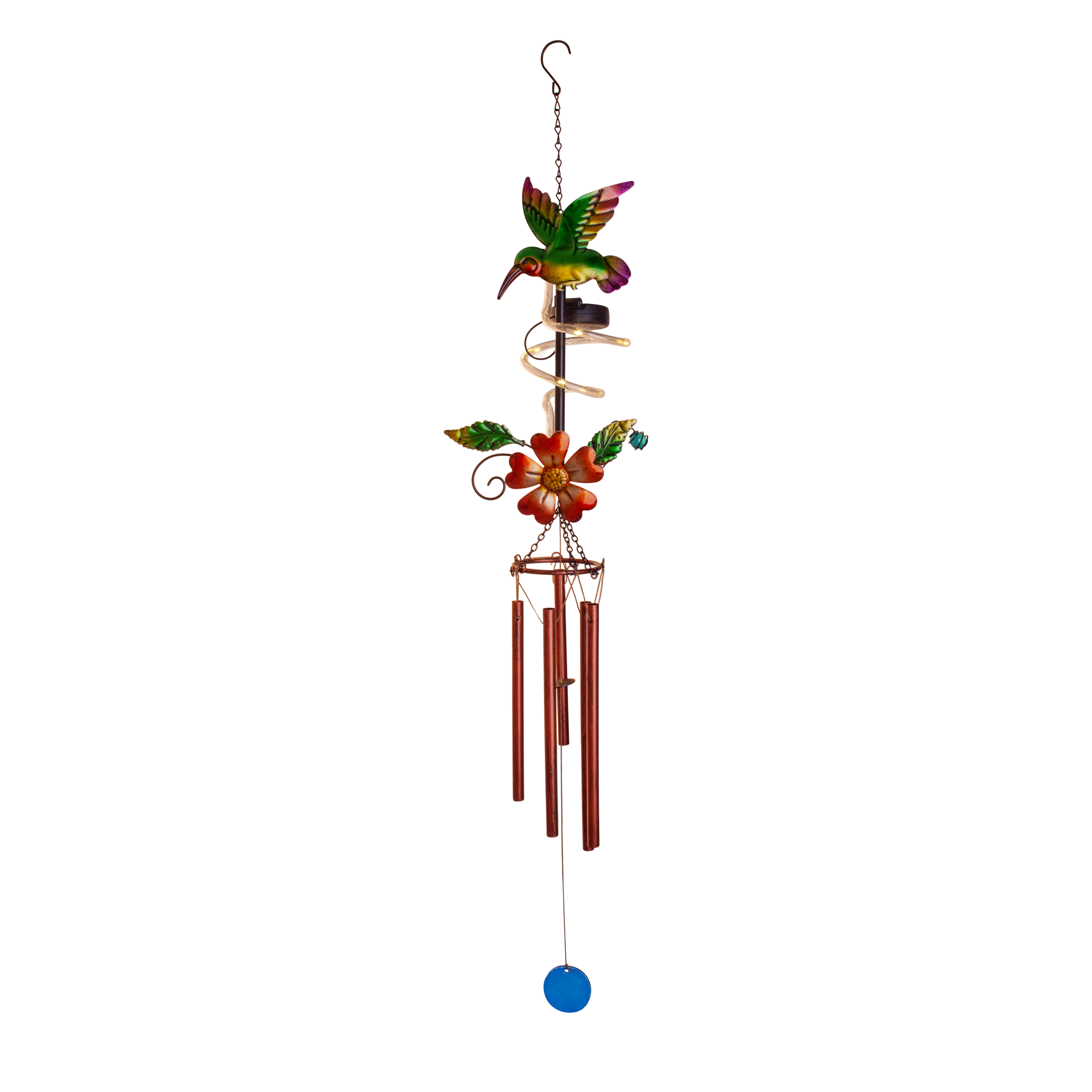 Ein farbenfrohes Kolibri-Windspiel mit Blumen und bronzefarbenen Klangröhren.