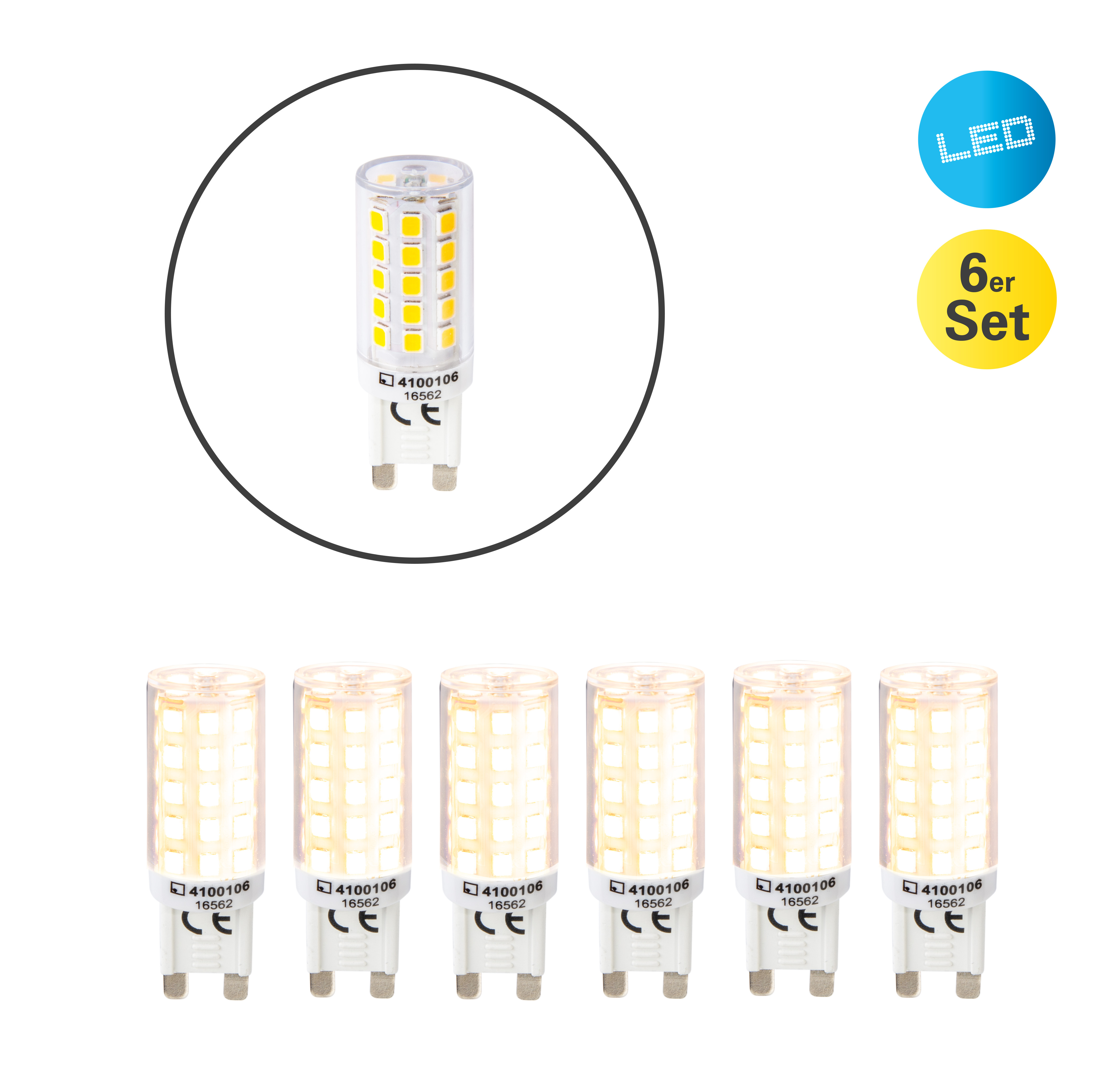 Set aus sechs LED-Glühbirnen mit einer kleinen Glühbirne im Kreis.