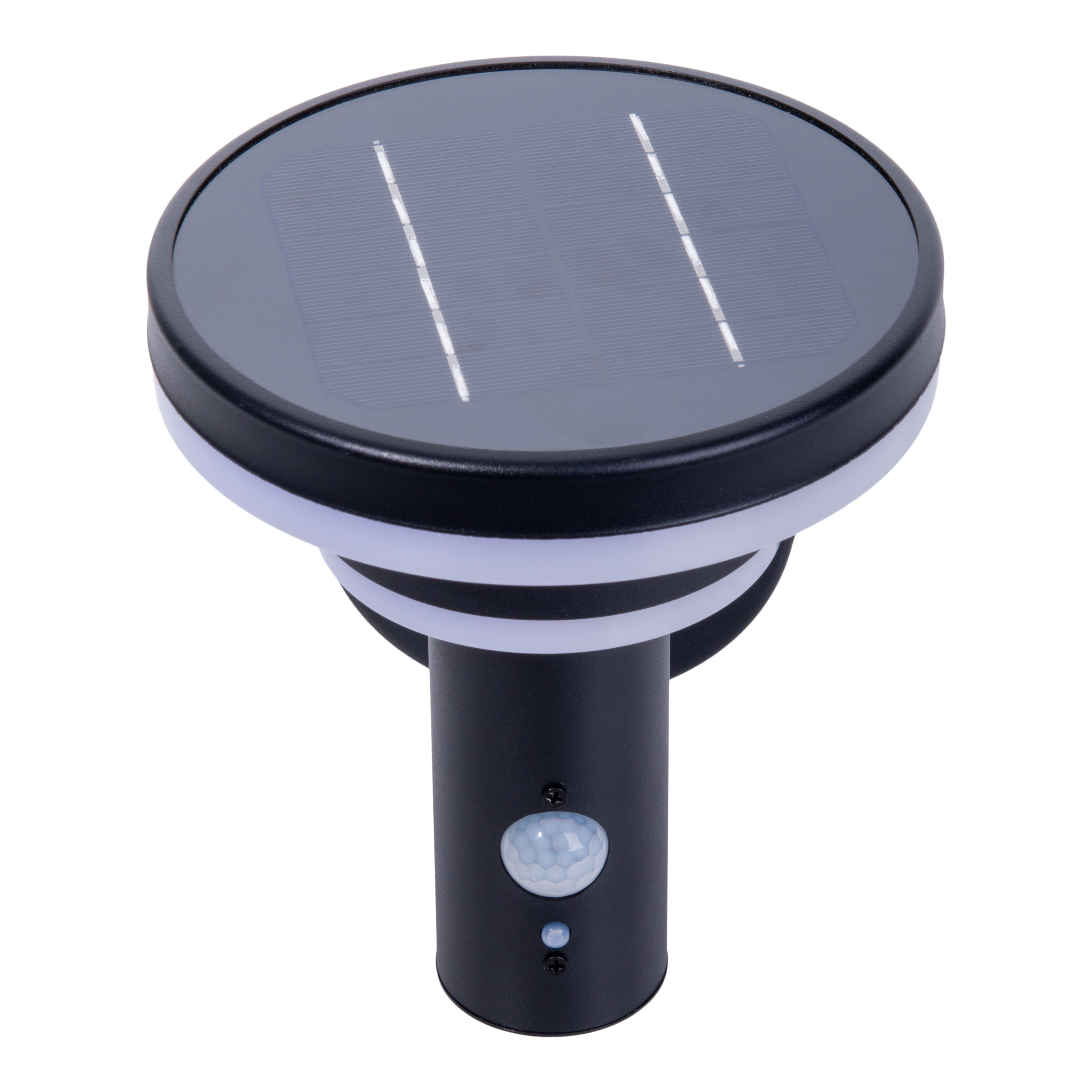 Schwarze solarbetriebene Außenleuchte mit Bewegungssensor. Weißes und schwarzes Design.
