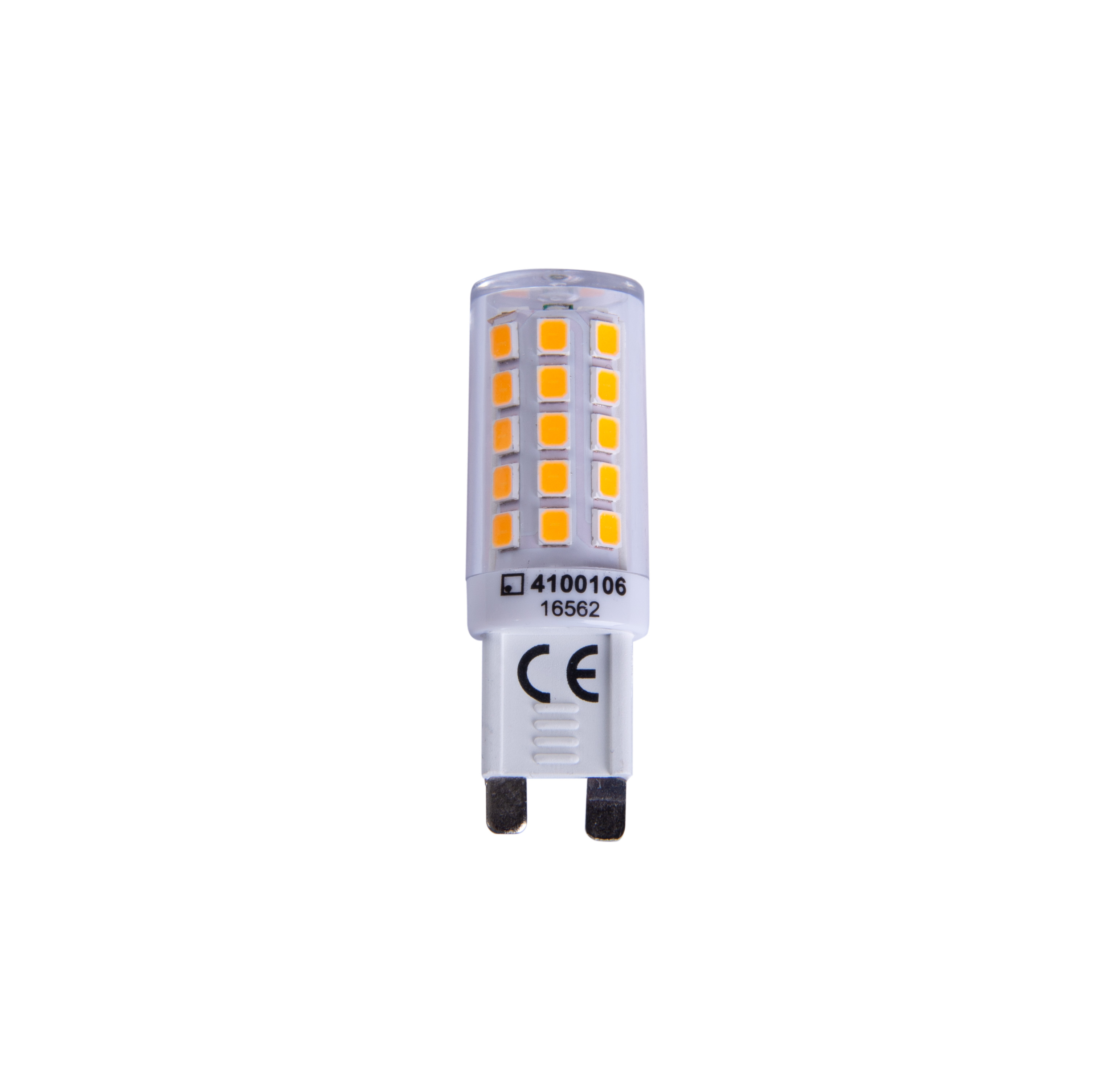LED-Glühbirne. Transparentes Gehäuse mit orange-gelben Lichtern und Basisdetails.