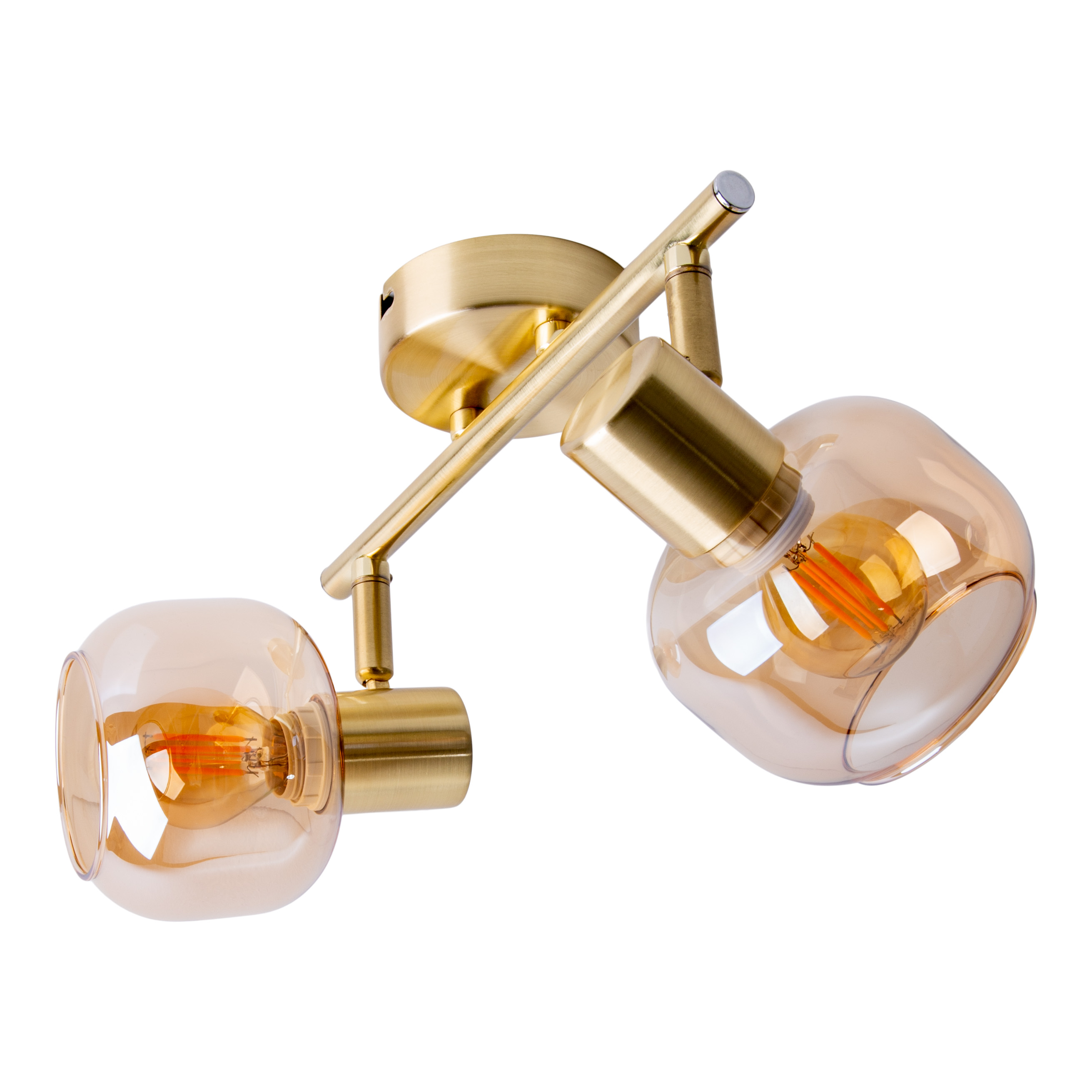 Goldfarbene Strahler-Leuchte mit zwei Lichtern. Glasschirme mit Glühbirnen.