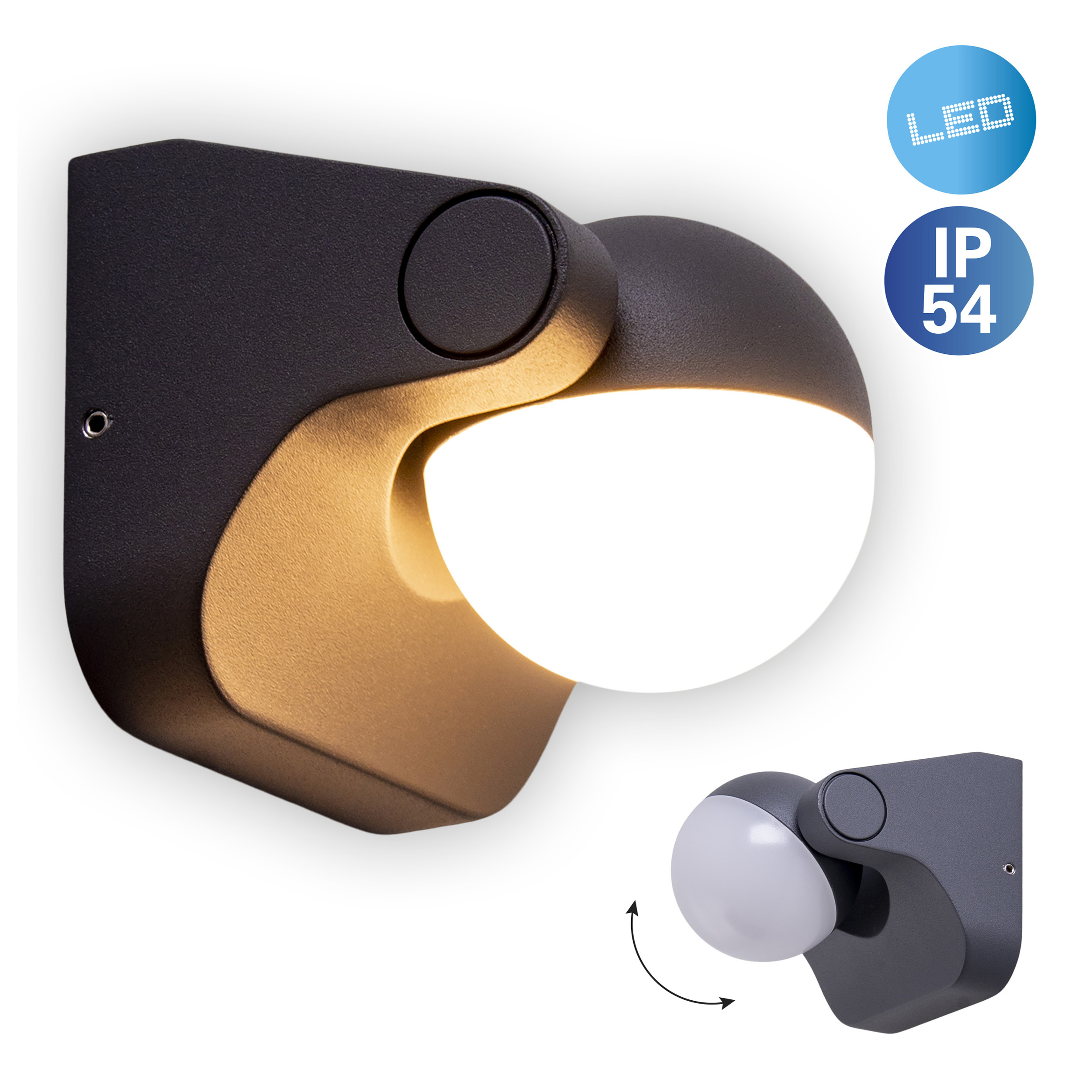 Eine schwarze Außenlampe mit weißem Licht, neben zwei Symbolen mit LED- und IP54-Etiketten.