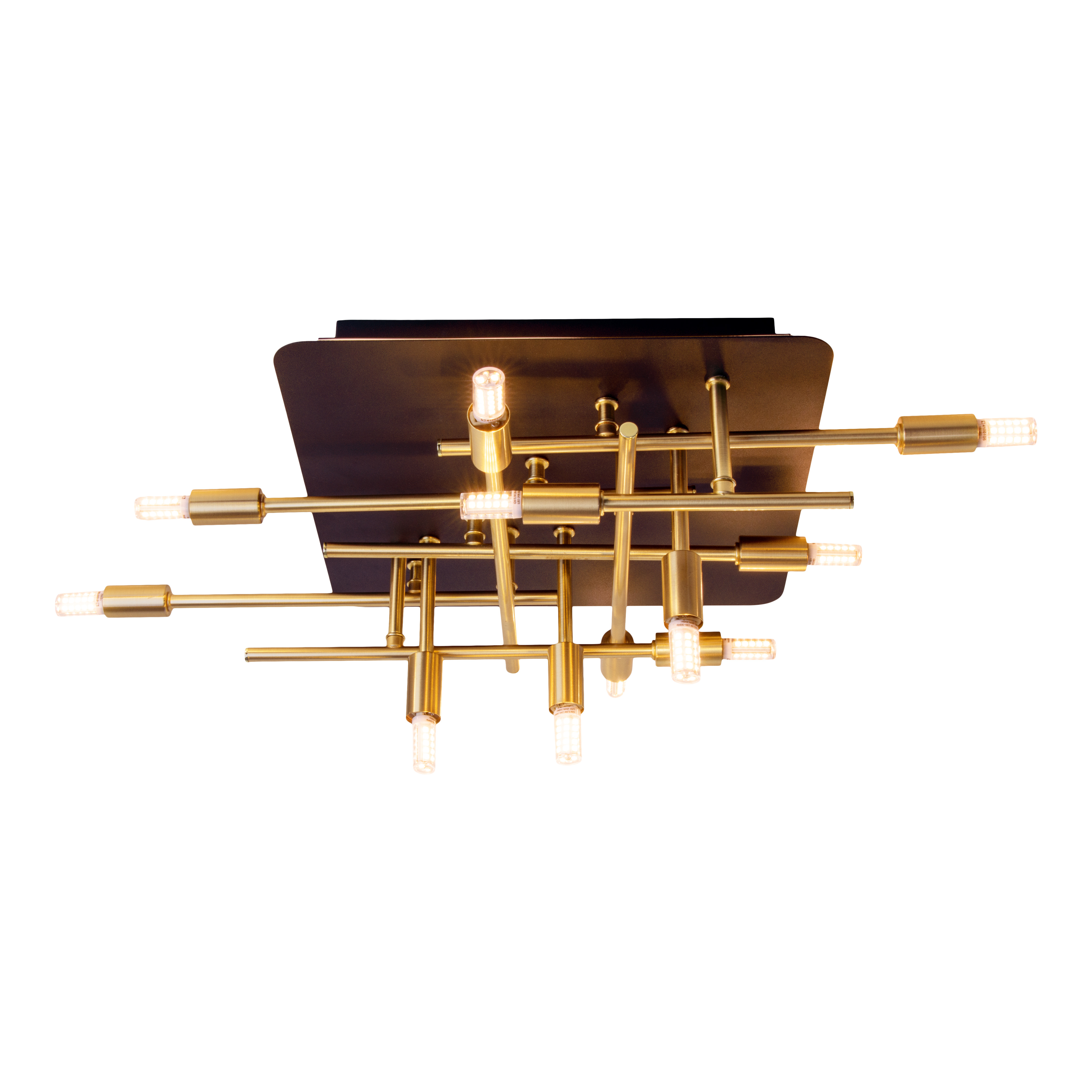 Moderne goldene Deckenleuchte mit mehreren Armen und Glühbirnen vor weißem Hintergrund.
