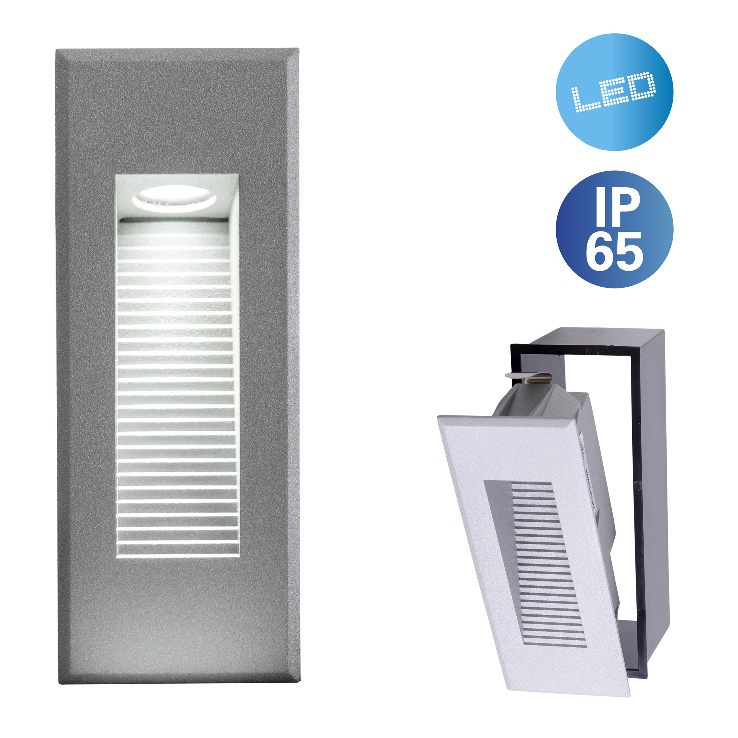 Außenwandleuchte. Rechteckiges Einbau-Design. LED- und IP65-Bewertungen. Weißer Hintergrund.