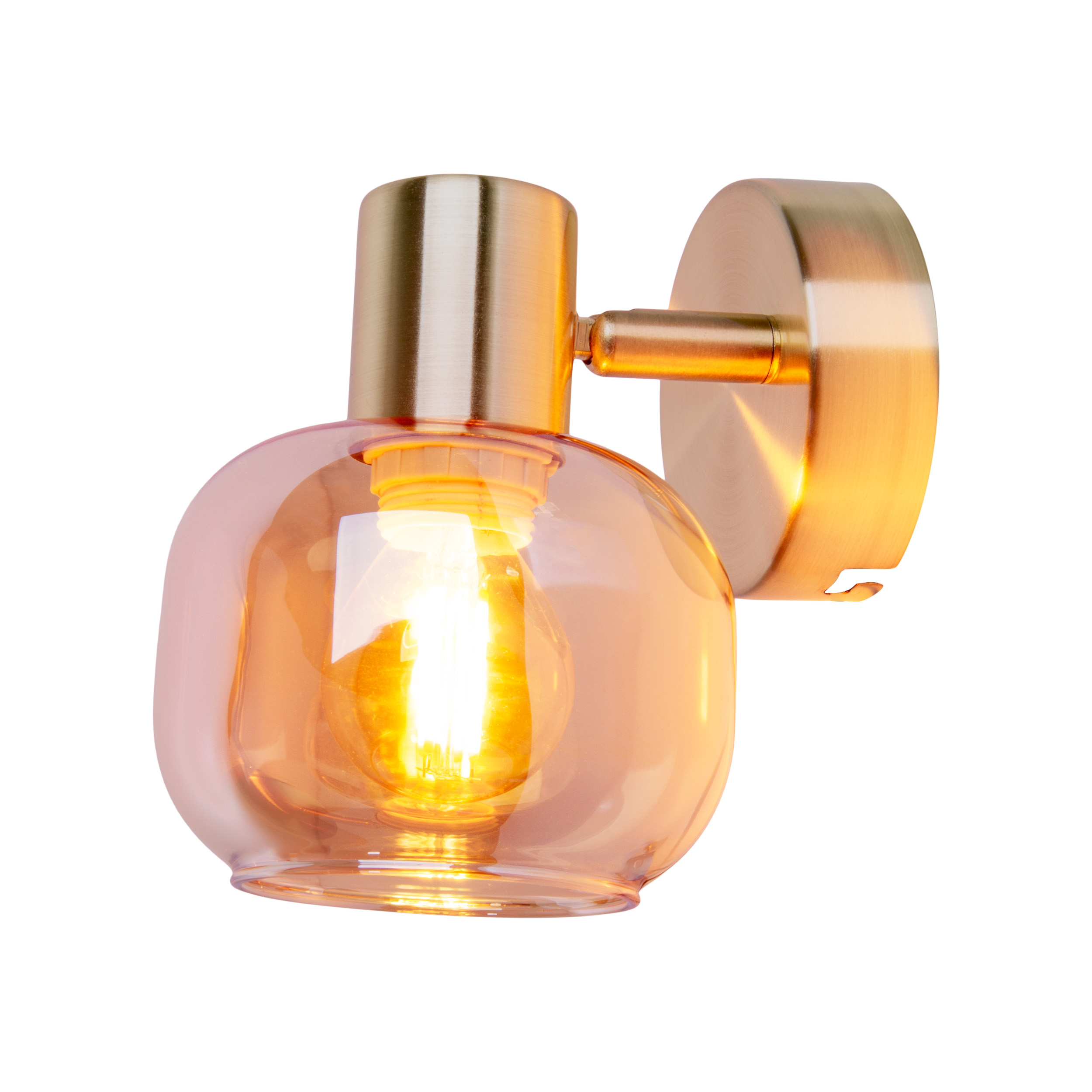 Eine Wandleuchte mit Glasschirm über einer Glühbirne. Die Metallteile sind bronzefarben.