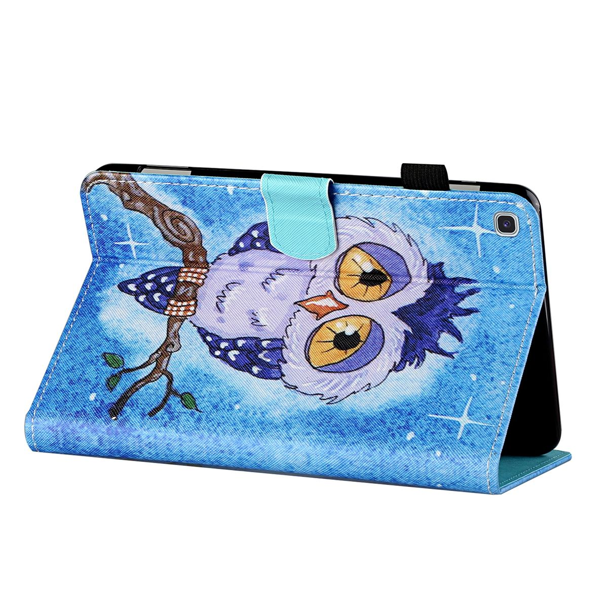 Tablet-Hülle mit Eulen-Design. Blauer Hintergrund mit Eulen-Illustration und Lederklappe.