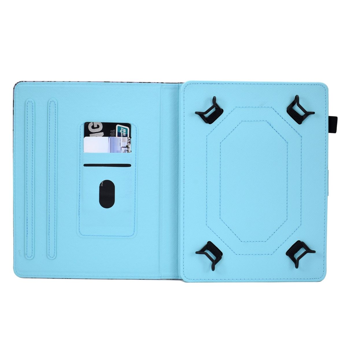 Tablethülle, blaue Innenseite, mit Kreditkartenfach und schwarzen Eckhaltern.
