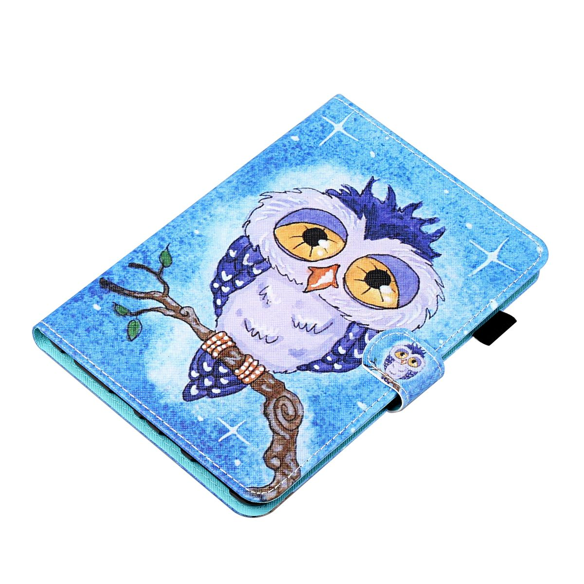 Blaue Tablet-Hülle mit Eulen-Illustration auf einem Ast, mit einer kleineren Eule auf dem Verschluss.