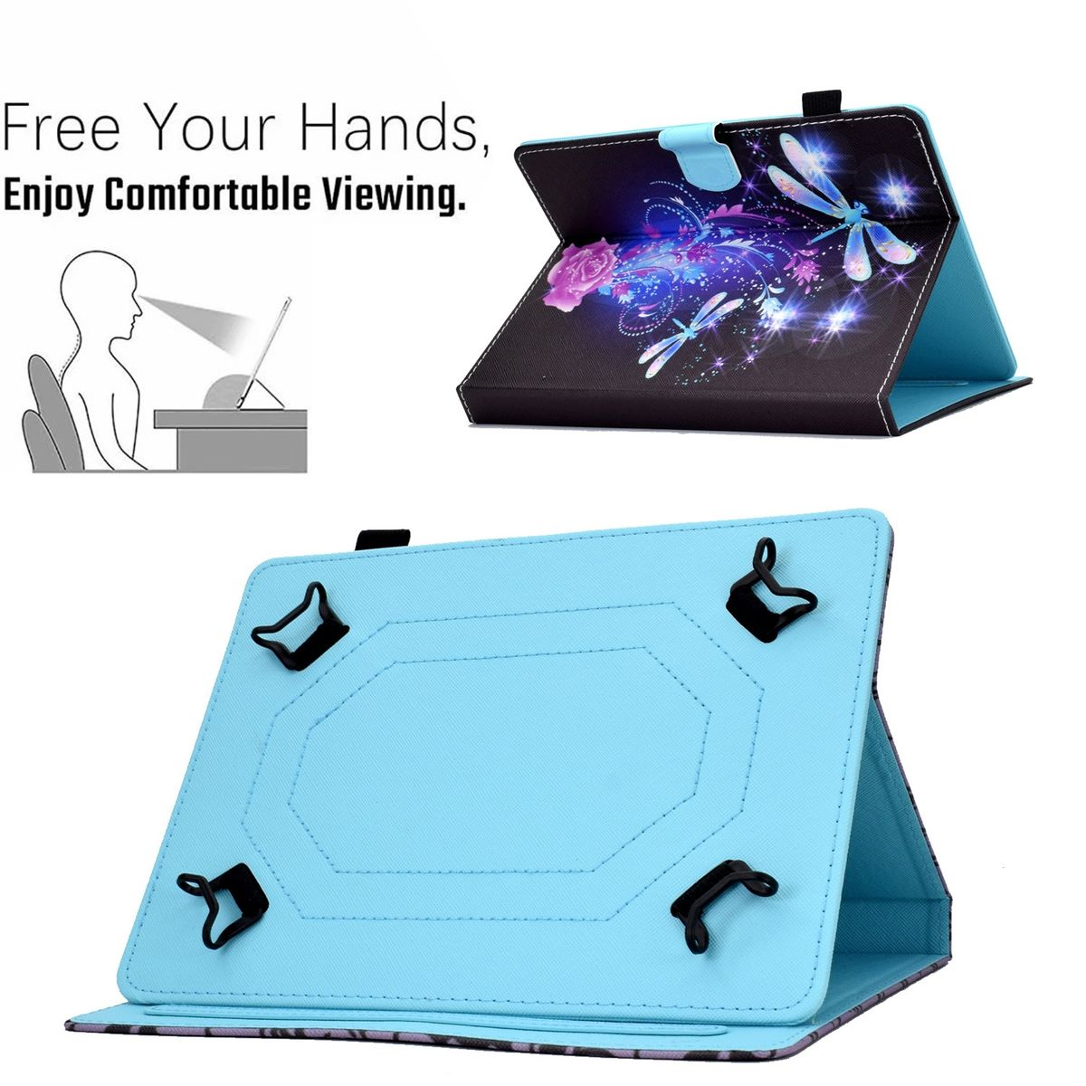 Eine Tablet-Hülle. Die Hülle ist hellblau, mit dem Tablet darin. Die Hülle hat ein Libellen-Design.