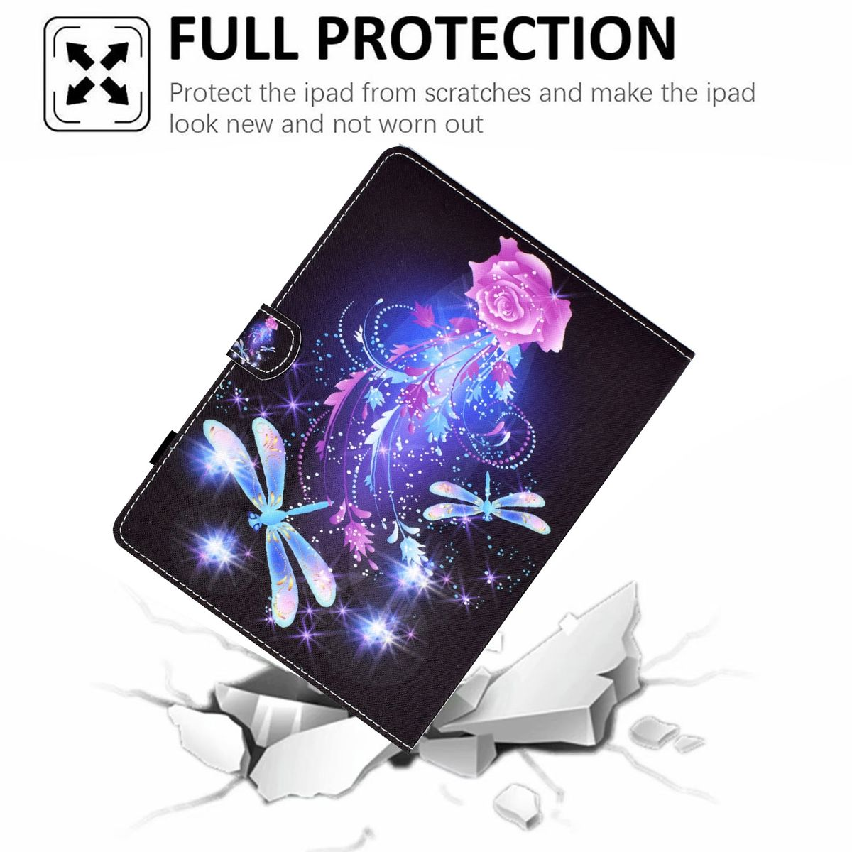 Tablethülle mit floralem Design, Bodeneffekt und Text 'FULL PROTECTION'.