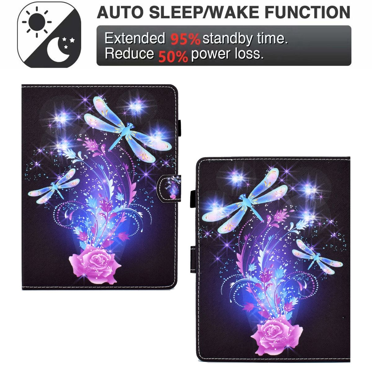Eine Tablet-Hülle mit Libellen und einem Rosendesign, mit Informationen zur Auto-Schlaf/Weckfunktion.