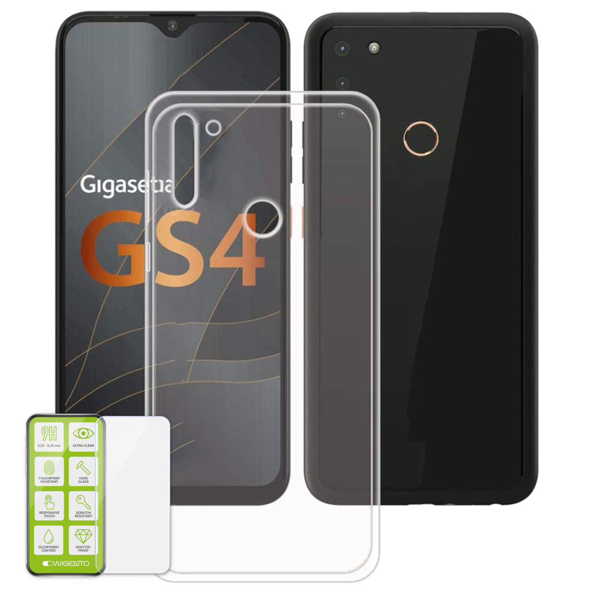 Glas GS4, Silikon + Backcover, Hülle WIGENTO Hart Transparent Produktset Folie, Gigaset,