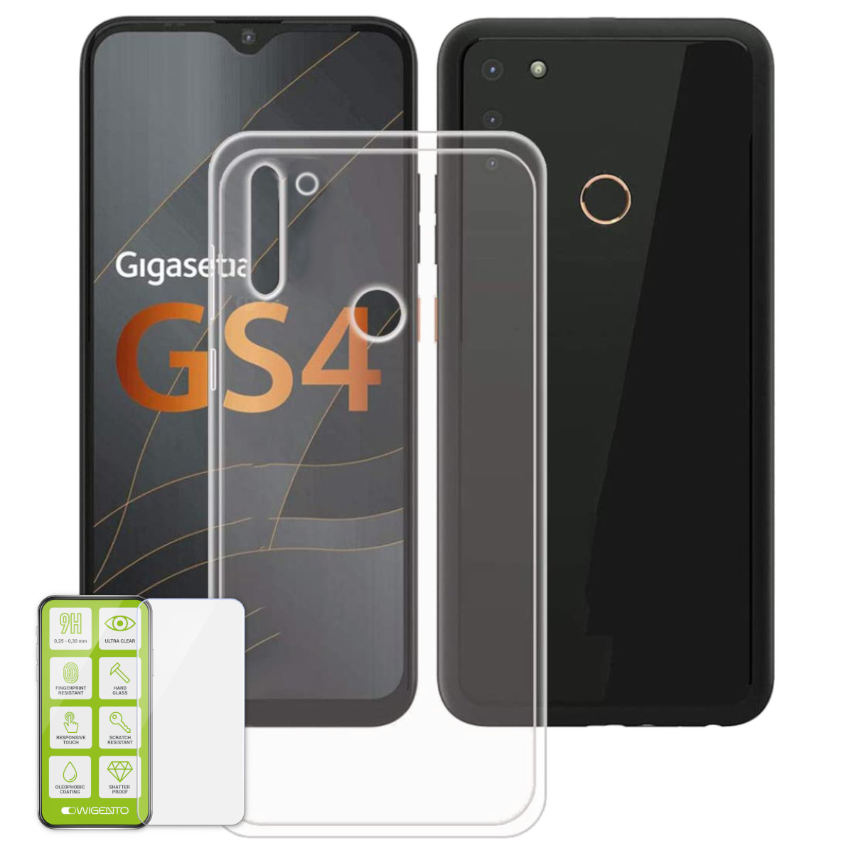 Folie, Silikon Hülle Hart Backcover, WIGENTO Gigaset, Transparent + Glas Produktset GS4,