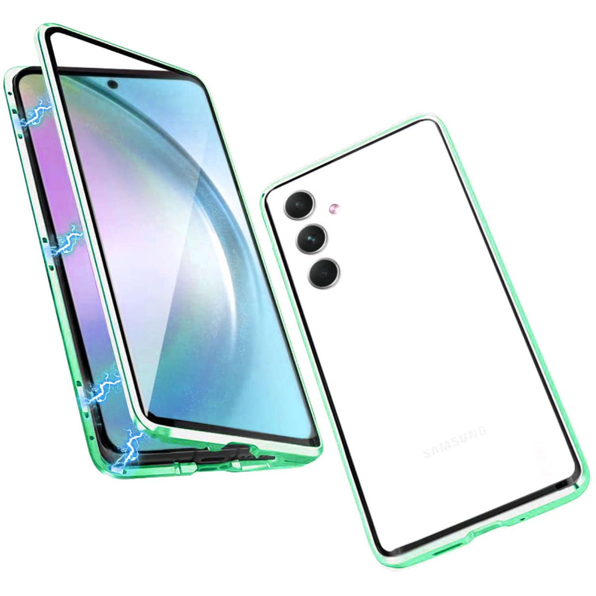 WIGENTO Beidseitiger 360 Glas Aluminium Galaxy Grün / Magnet Backcover, 5G, A34 Samsung, Transparent Hülle, Grad Metall