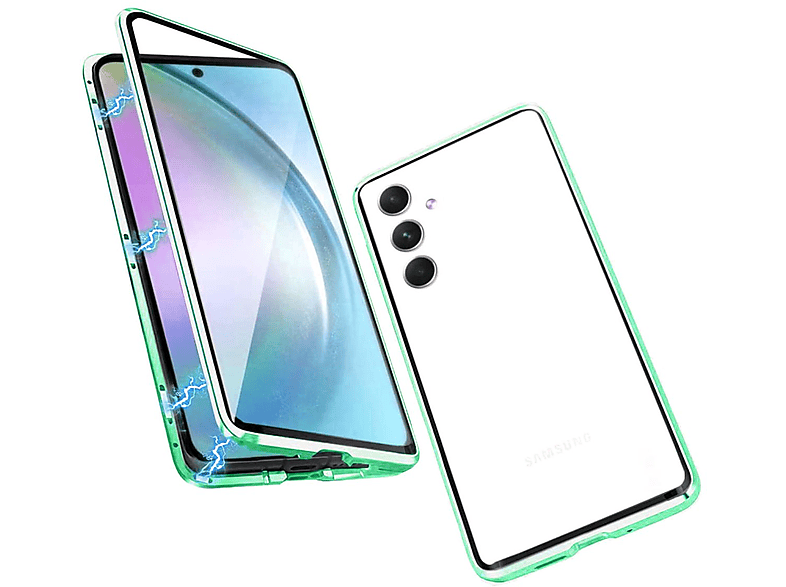 WIGENTO Beidseitiger 360 Grad Magnet Glas Metall Aluminium Hülle, Backcover, Samsung, Galaxy A34 5G, Grün / Transparent