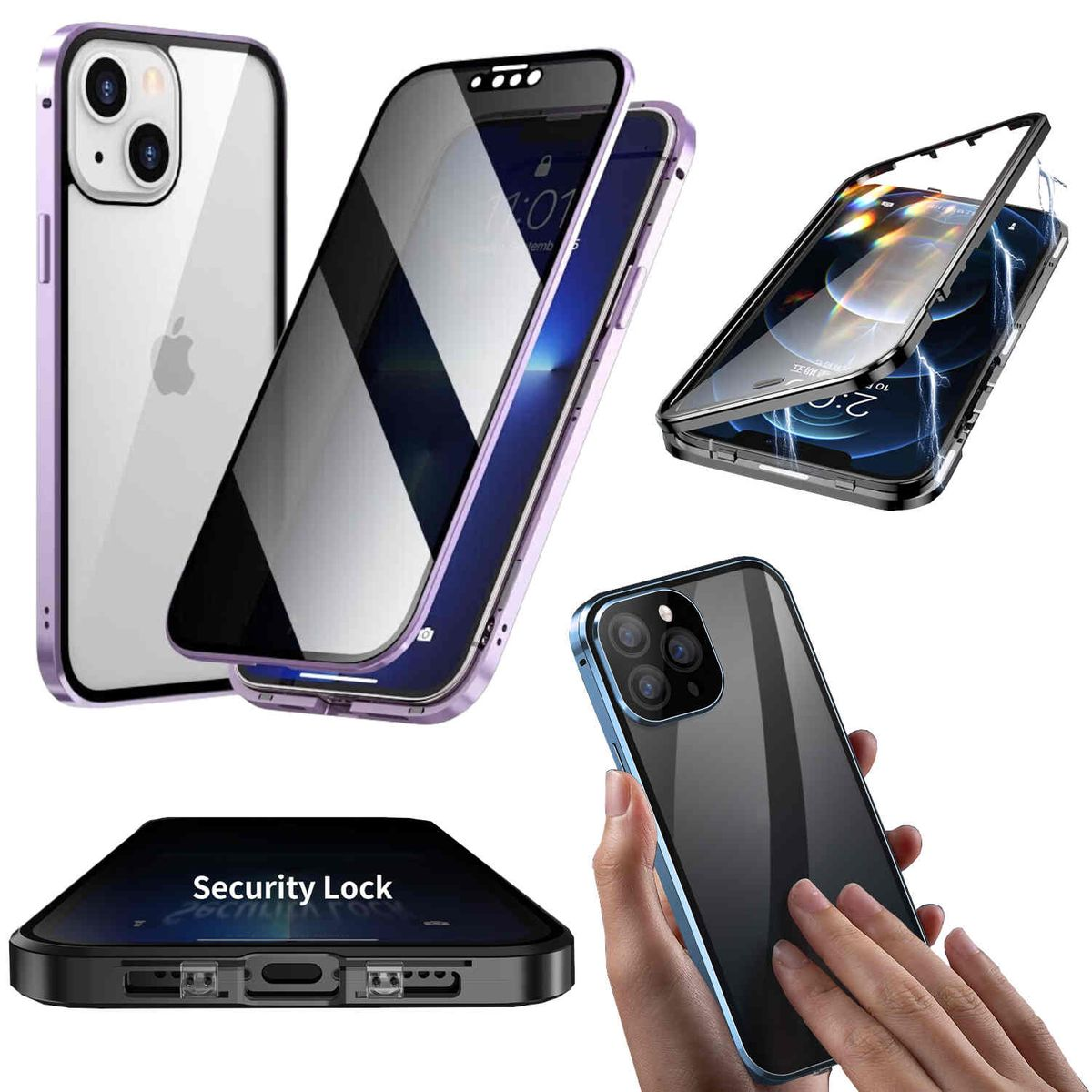 Grad iPhone / Privacy Backcover, 14, Schutz Lila Glas Apple, Hülle, Magnet 360 Transparent WIGENTO