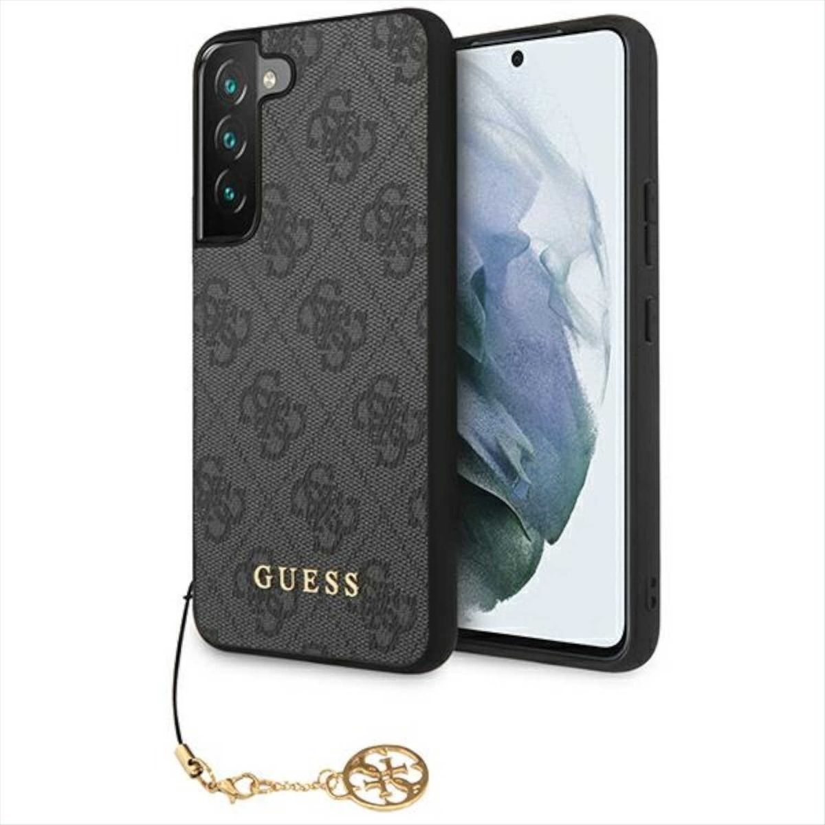 Ein Telefon in einer schwarz-grau gemusterten Hülle mit dem Wort GUESS in Gold und einem goldenen Anhänger.