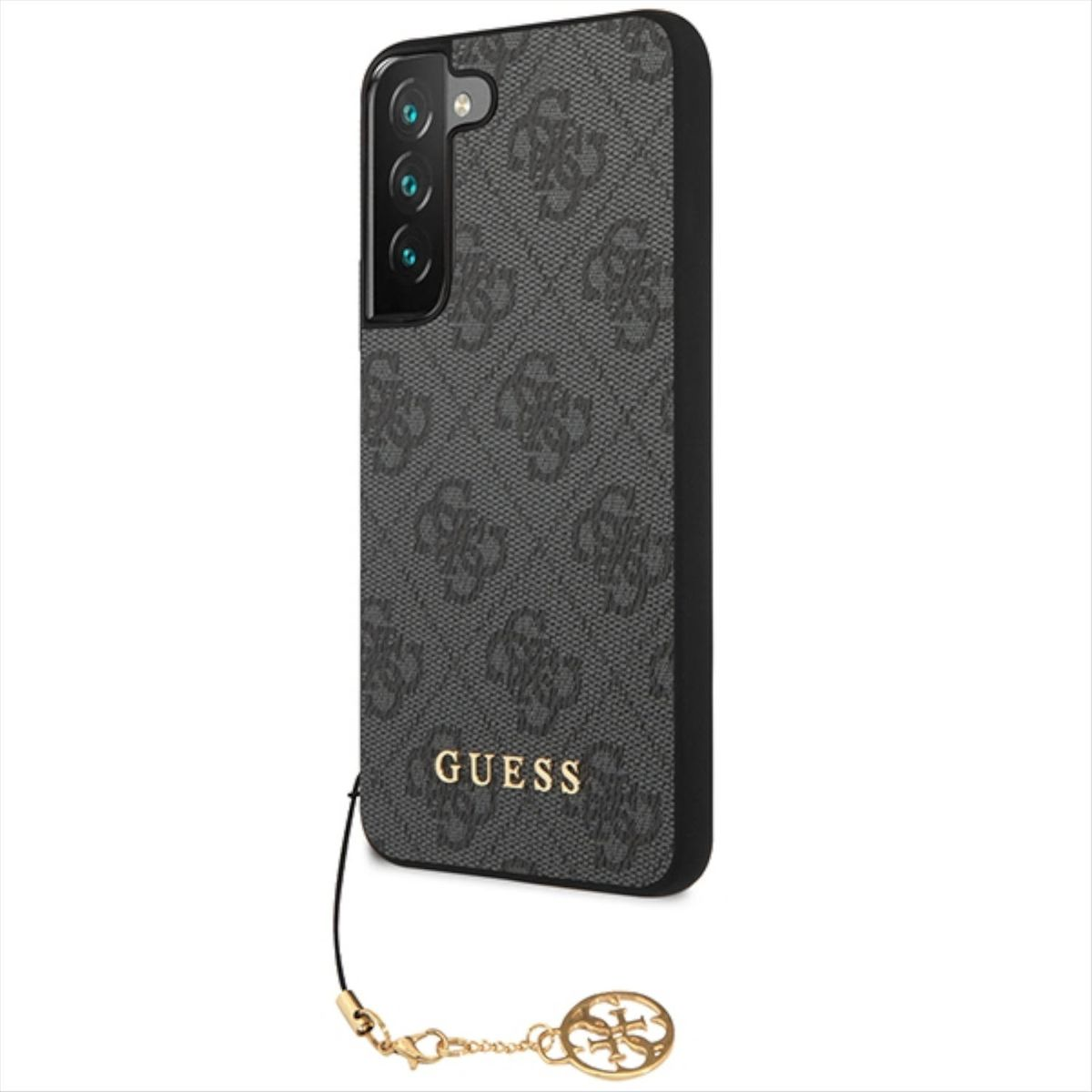 Eine Guess-Handyhülle mit Muster und einem goldenen Anhänger.