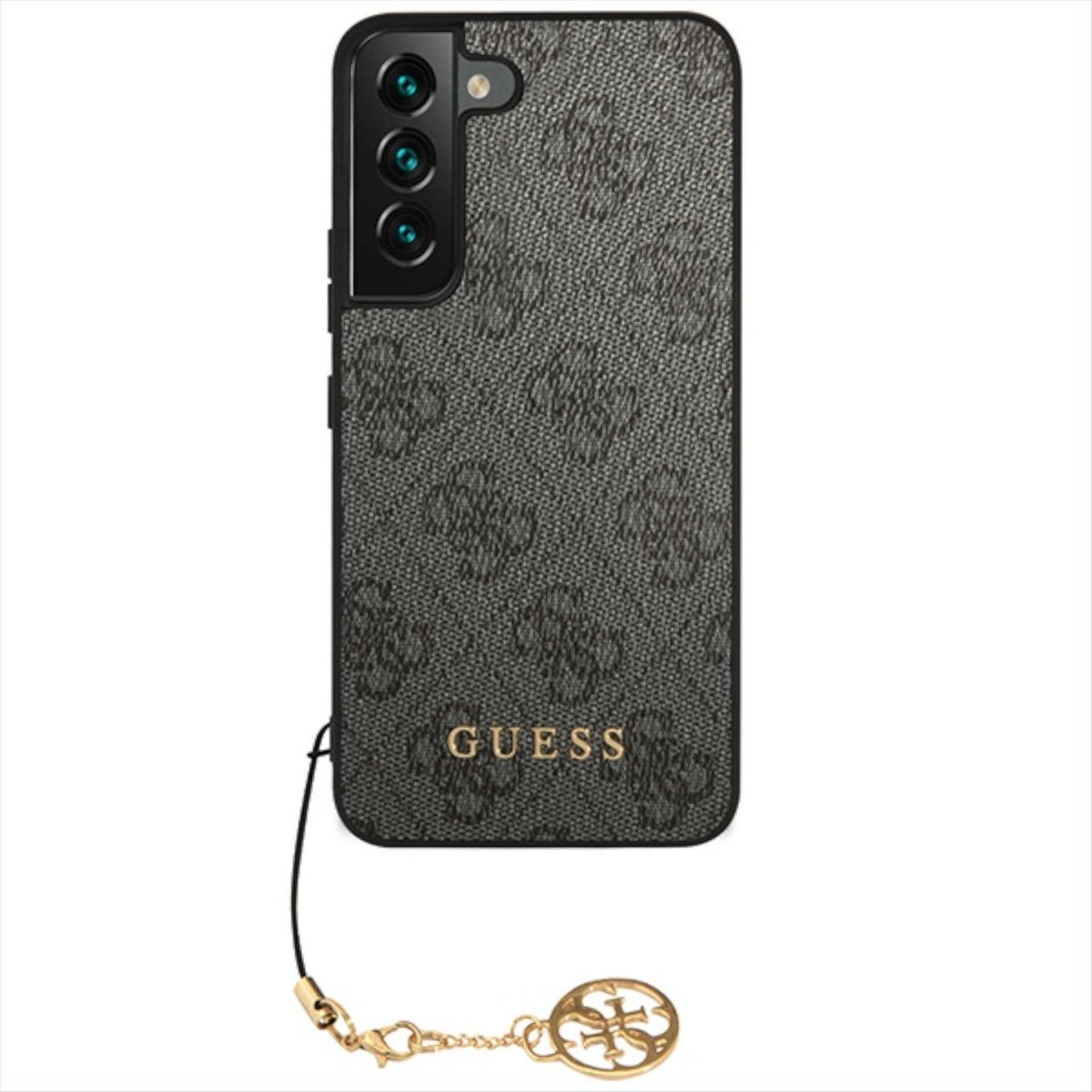 Schwarze Guess-Handyhülle mit goldenem Anhänger. Es zeigt ein Muster mit Guess-Logos.