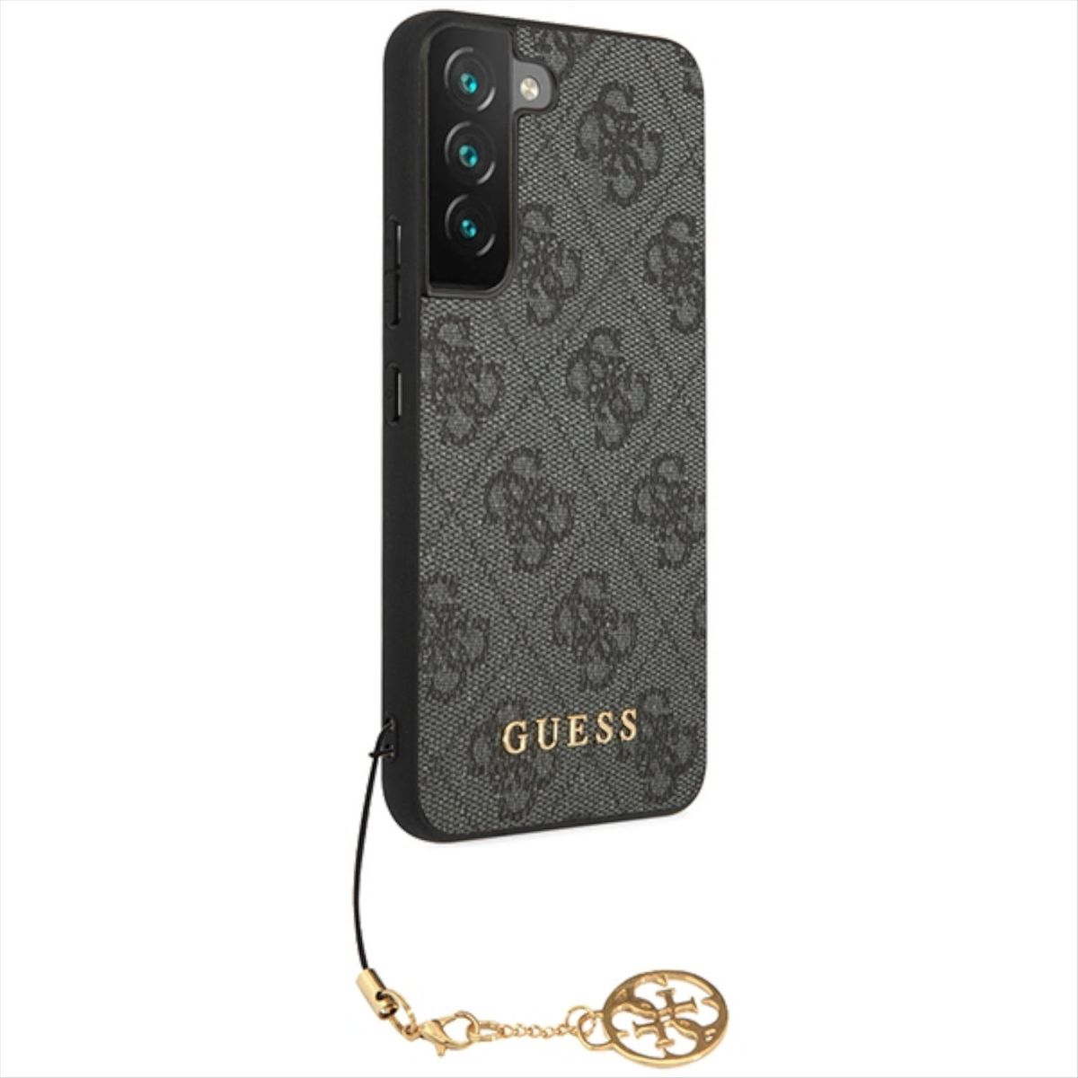 Eine Handyhülle mit Guess-Logo und -Muster, mit einem angebrachten Riemen.