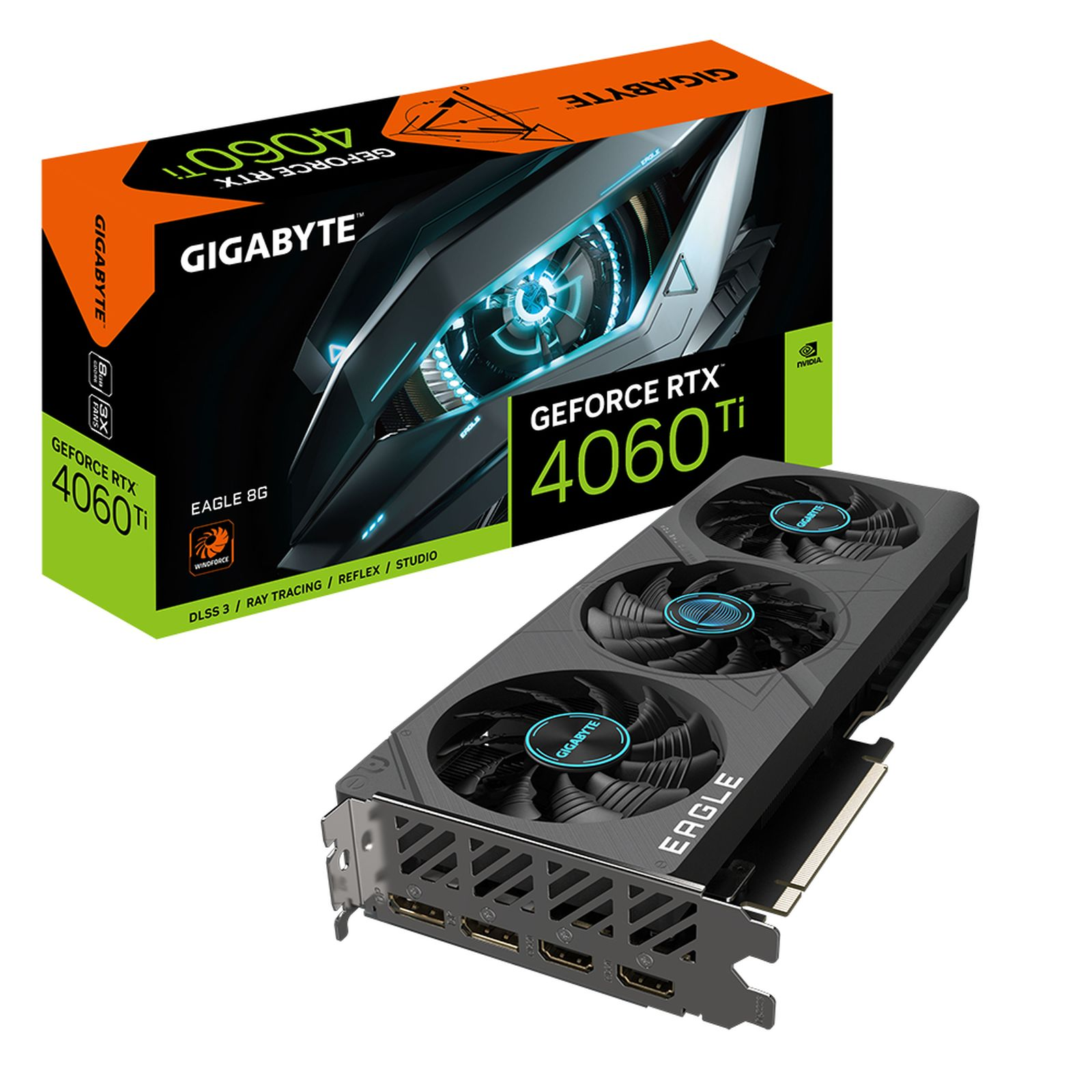 Scheda grafica Gigabyte GeForce RTX 4060 Ti e scatola.