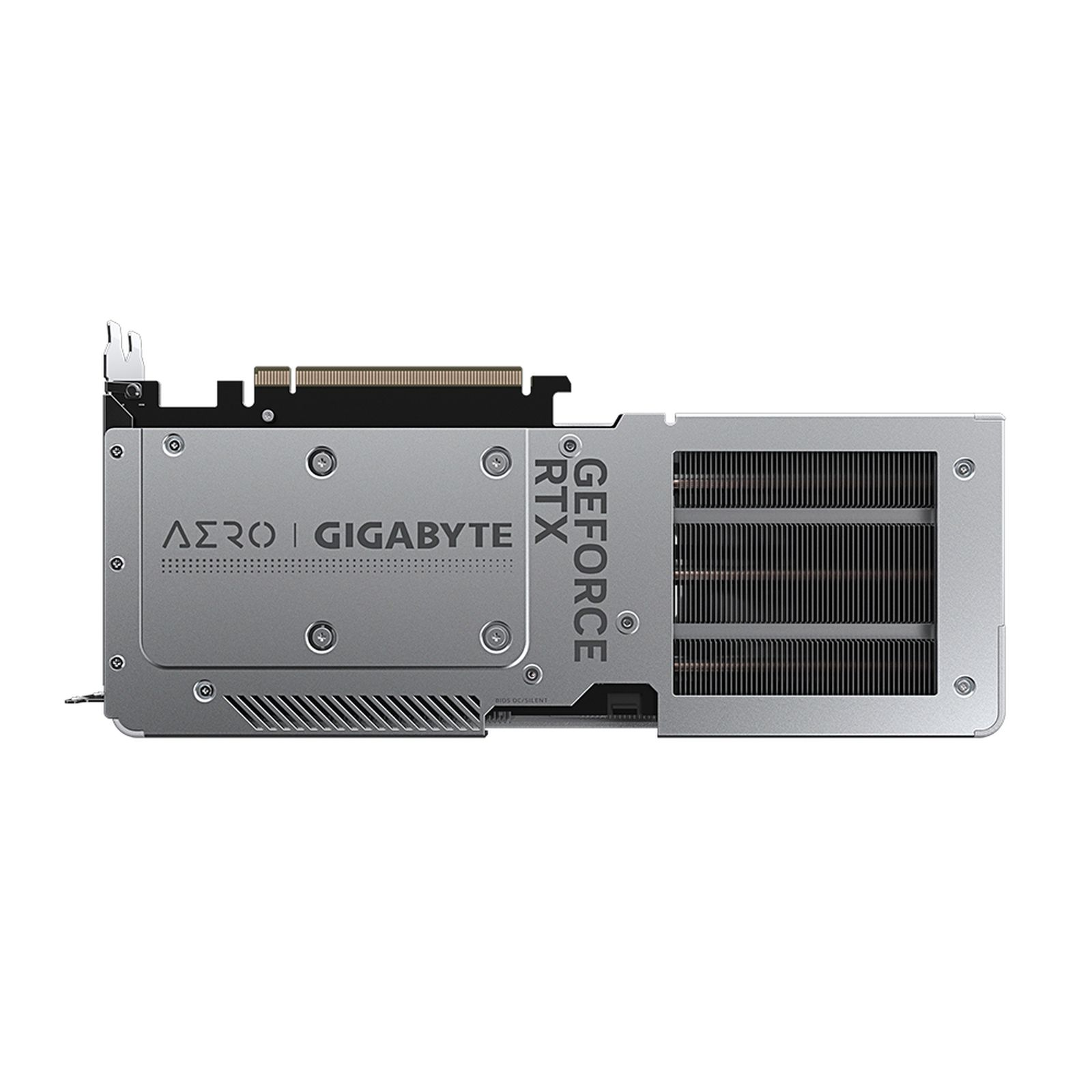 Una scheda grafica argento e nera con il testo "AERO" e "GIGABYTE" sopra.