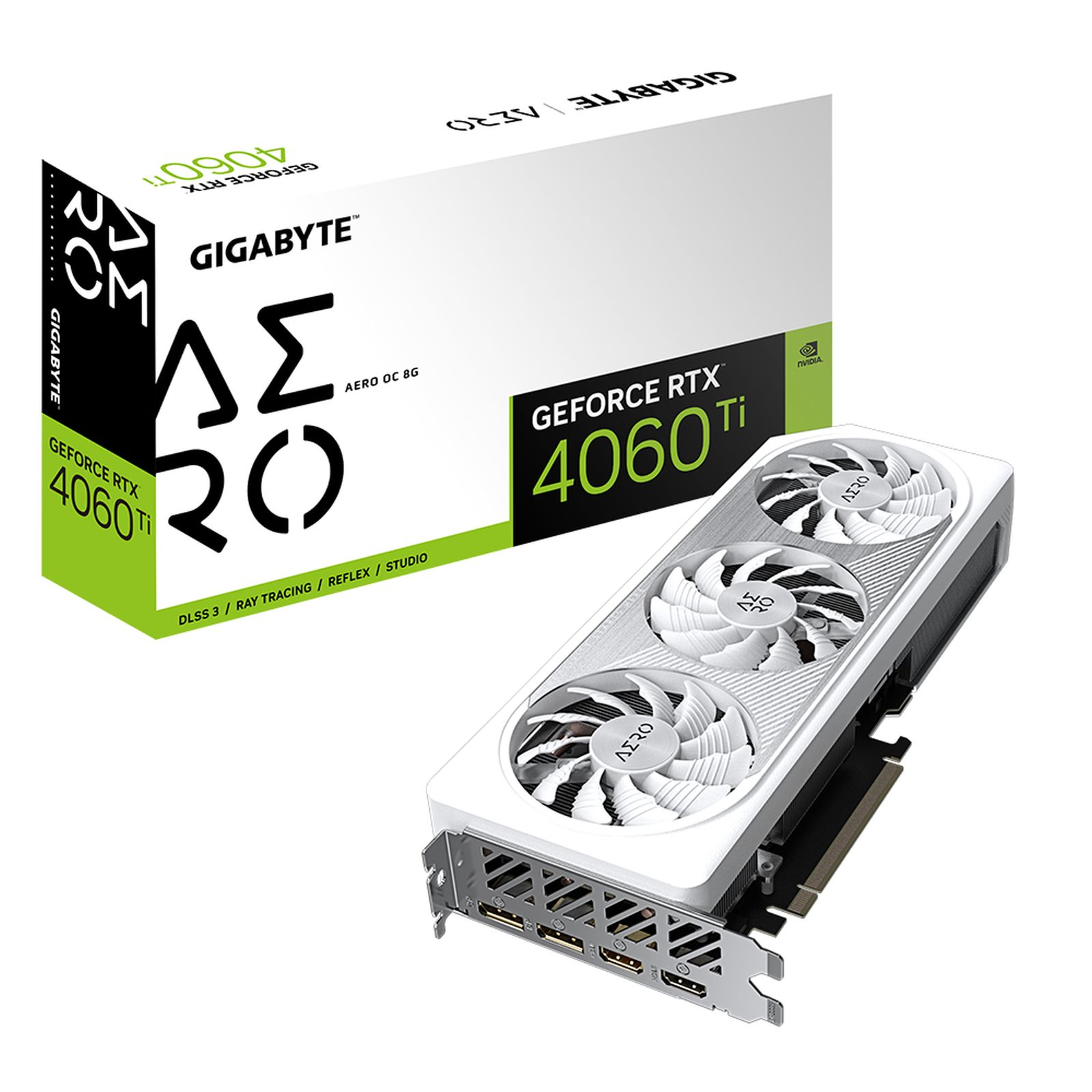 Scheda grafica Gigabyte GeForce RTX 4060 Ti e scatola. Tre ventole. Design bianco e nero.