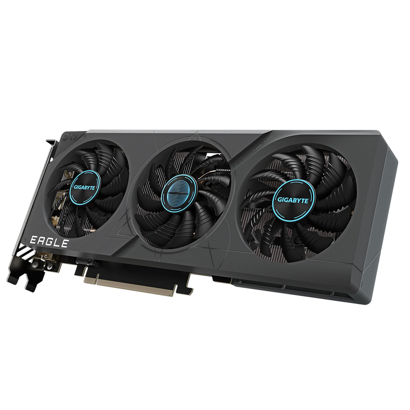 Una scheda grafica nera e grigia con tre ventole, etichettata con GIGABYTE e EAGLE.