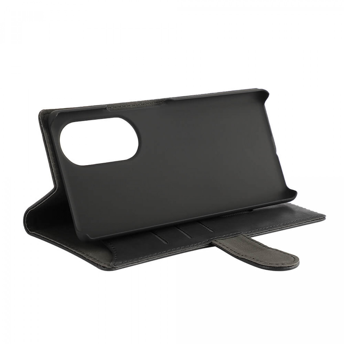 Geöffnete schwarze Handyhülle mit Telefonhalter, graue Innendetails.