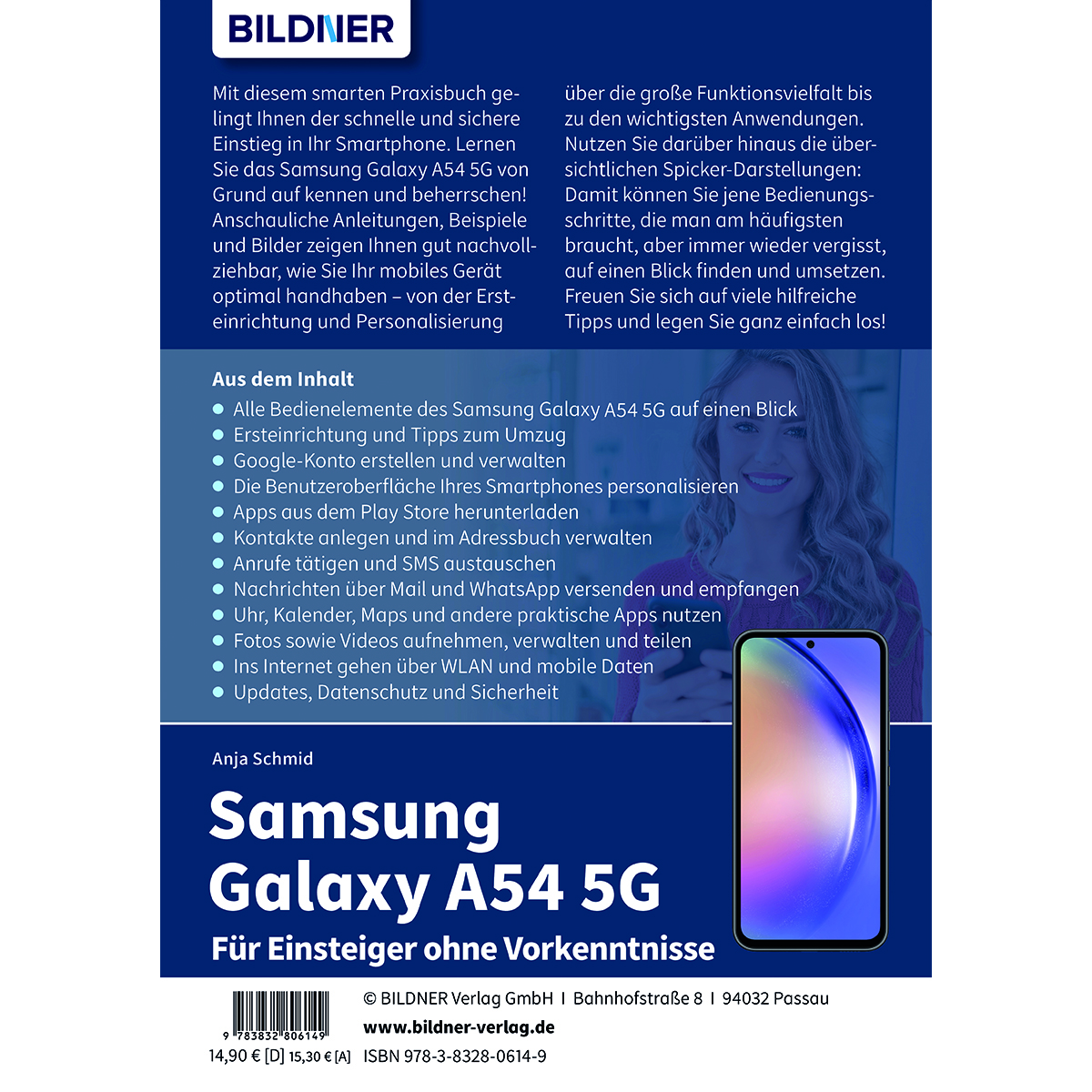 Buchcover mit dem Titel 'Samsung Galaxy A54 5G' mit Telefonillustration.