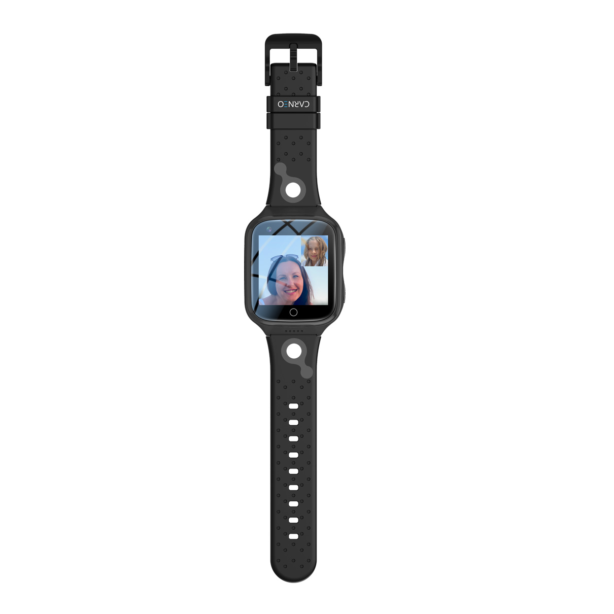 Reloj inteligente negro con pantalla de videollamada. El reloj tiene una correa negra y una hebilla. Hay dos personas en la pantalla.