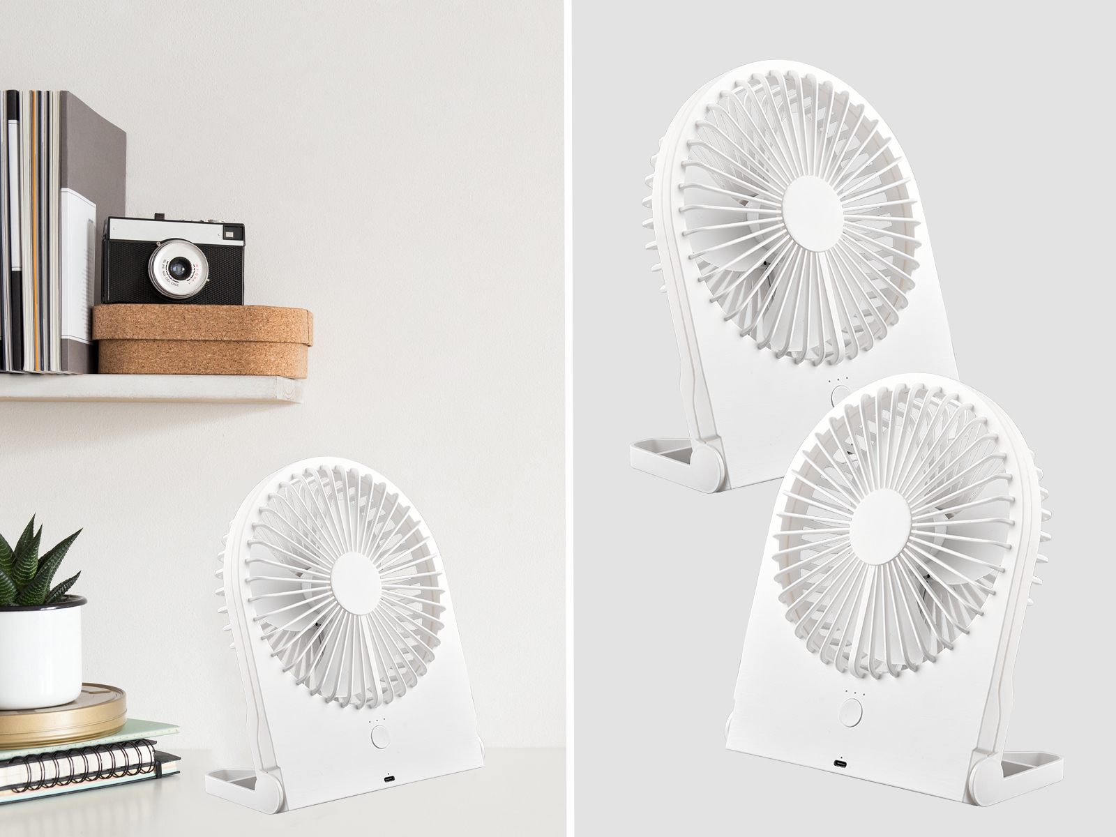 Zwei weiße Ventilatoren auf einer weißen Oberfläche, mit Regal und Gegenständen im Hintergrund.