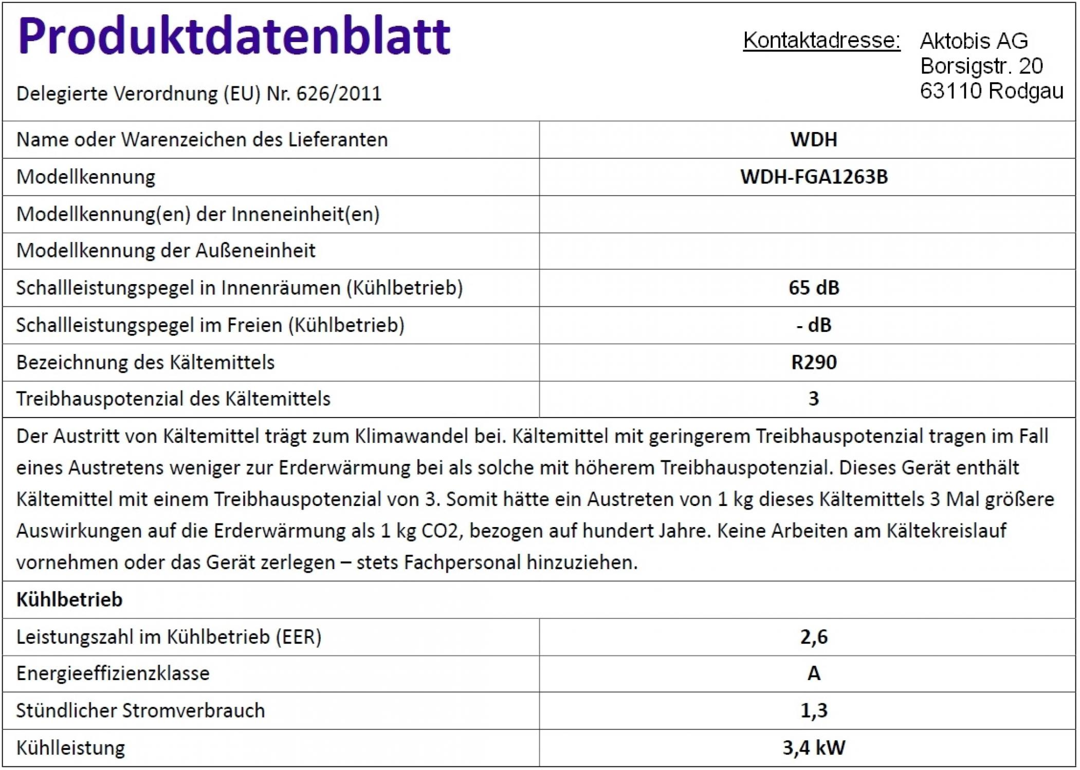 WDH Klimagerät WDH-FGA1263B air conditioner Weiß Raumgröße: A) 40 m², EEK: (Max