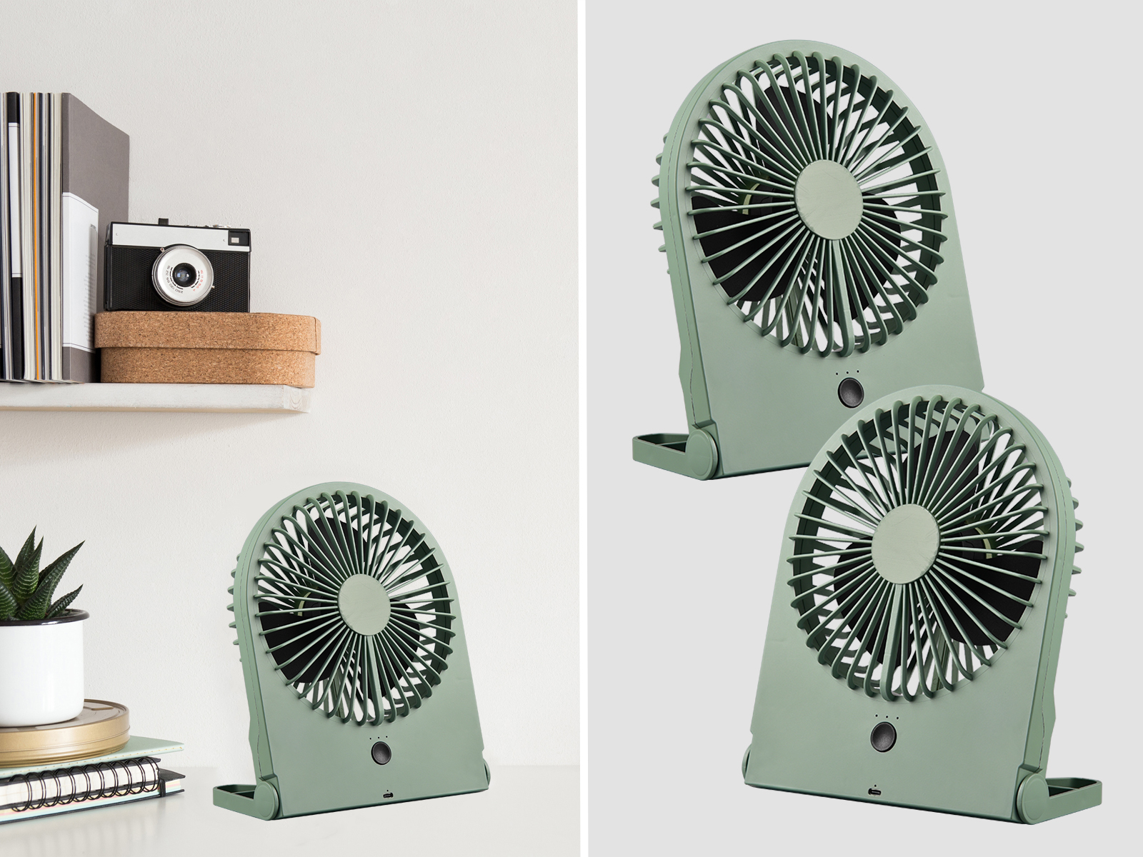 Zwei grüne tragbare Ventilatoren mit weißem Hintergrund. Ein Ventilator steht auf einem Schreibtisch. Die anderen zwei nebeneinander.
