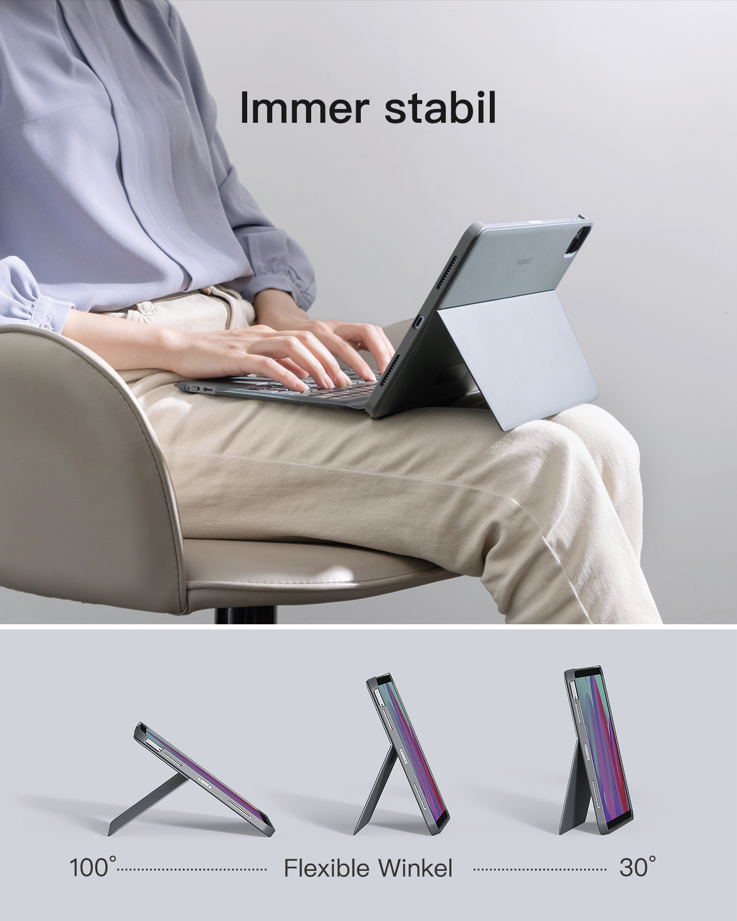 Eine Person, die ein Tablet mit Tastatur benutzt. Verschiedene Winkel des Tablets zeigend.