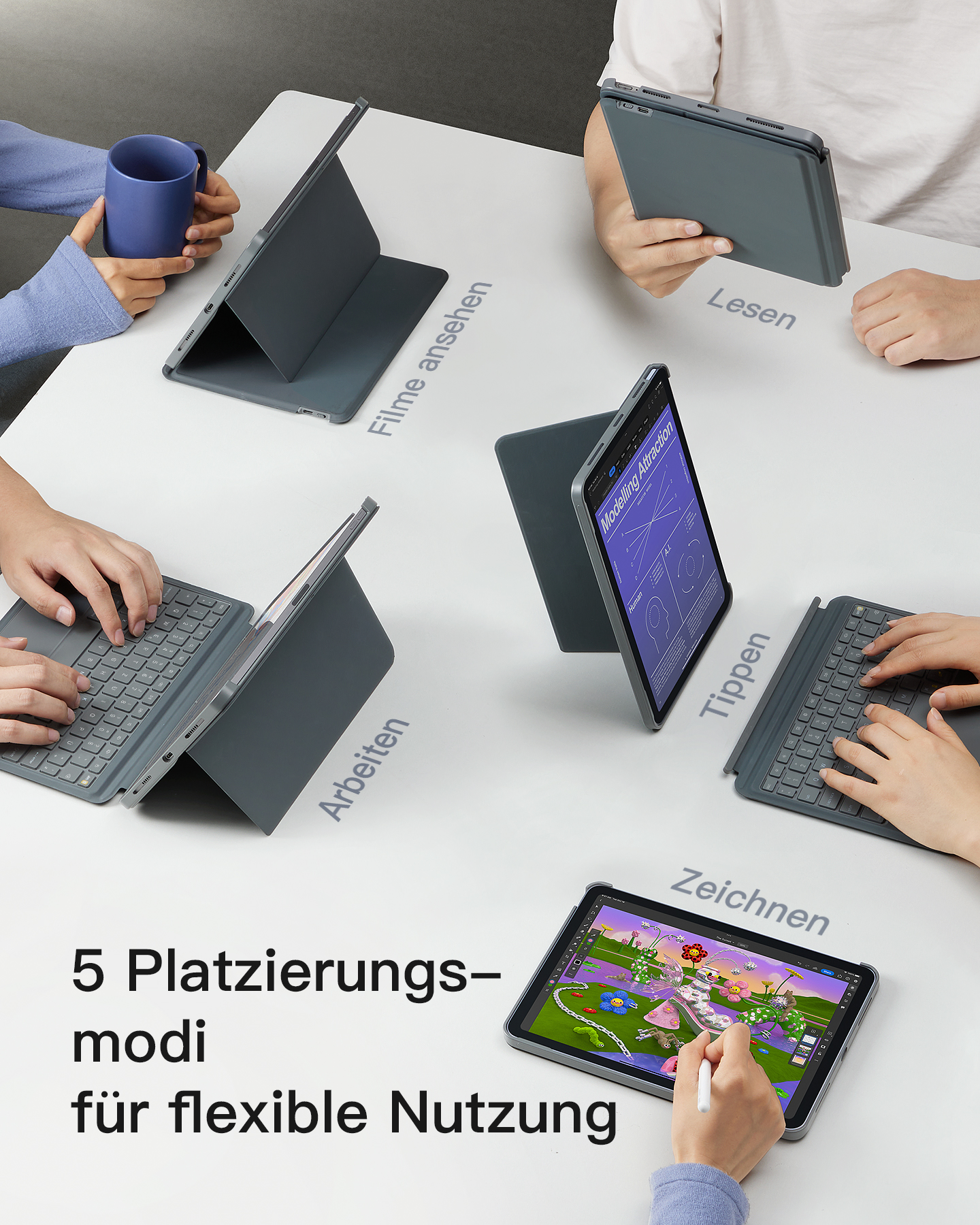 Mehrere Personen, die ein Tablet auf verschiedene Weise verwenden: Lesen, Arbeiten, Zeichnen und Tippen.