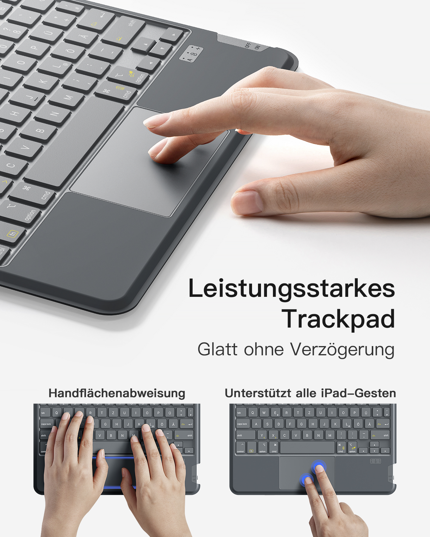 Eine Person, die eine Tastatur mit Touchpad benutzt. Zwei Tastaturlayouts werden ebenfalls unten mit Handgesten gezeigt.