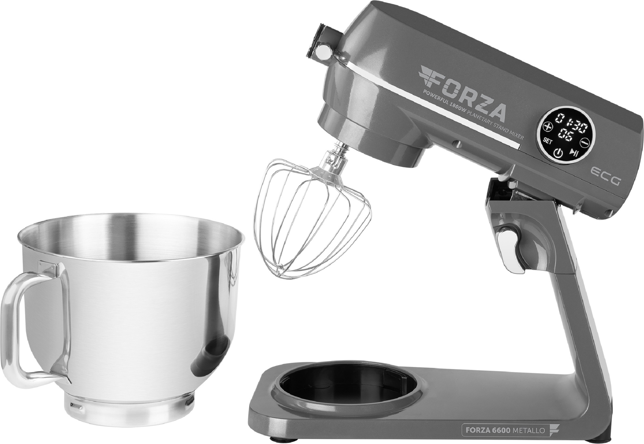 Un'impastatrice grigia con ciotola e accessori in acciaio inox. Ha un display digitale laterale.