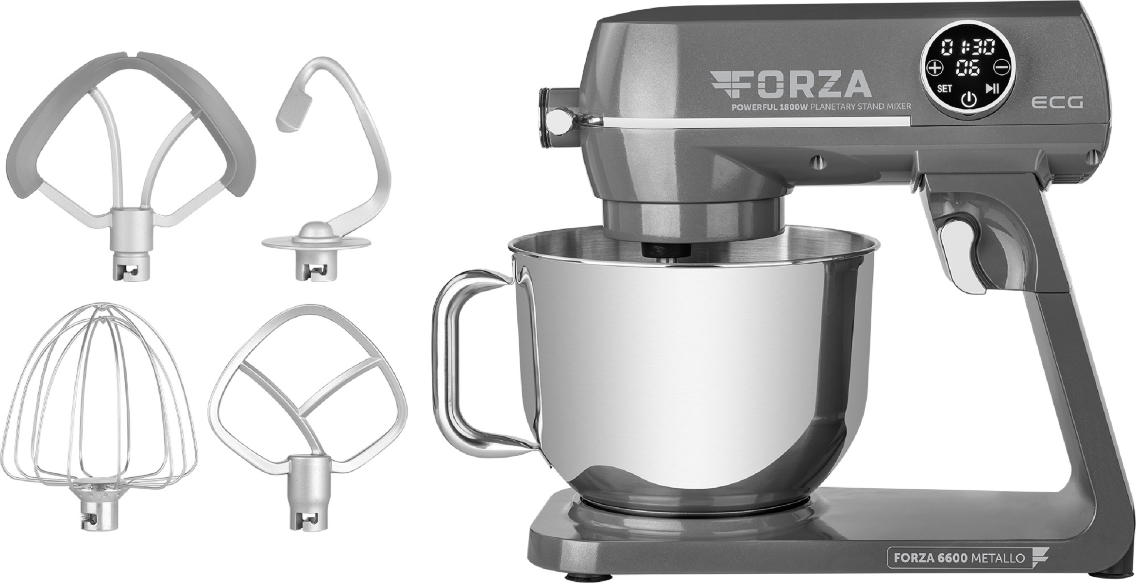 Impastatrice grigia con accessori. Include una frusta, un gancio per impastare, una frusta e una ciotola.