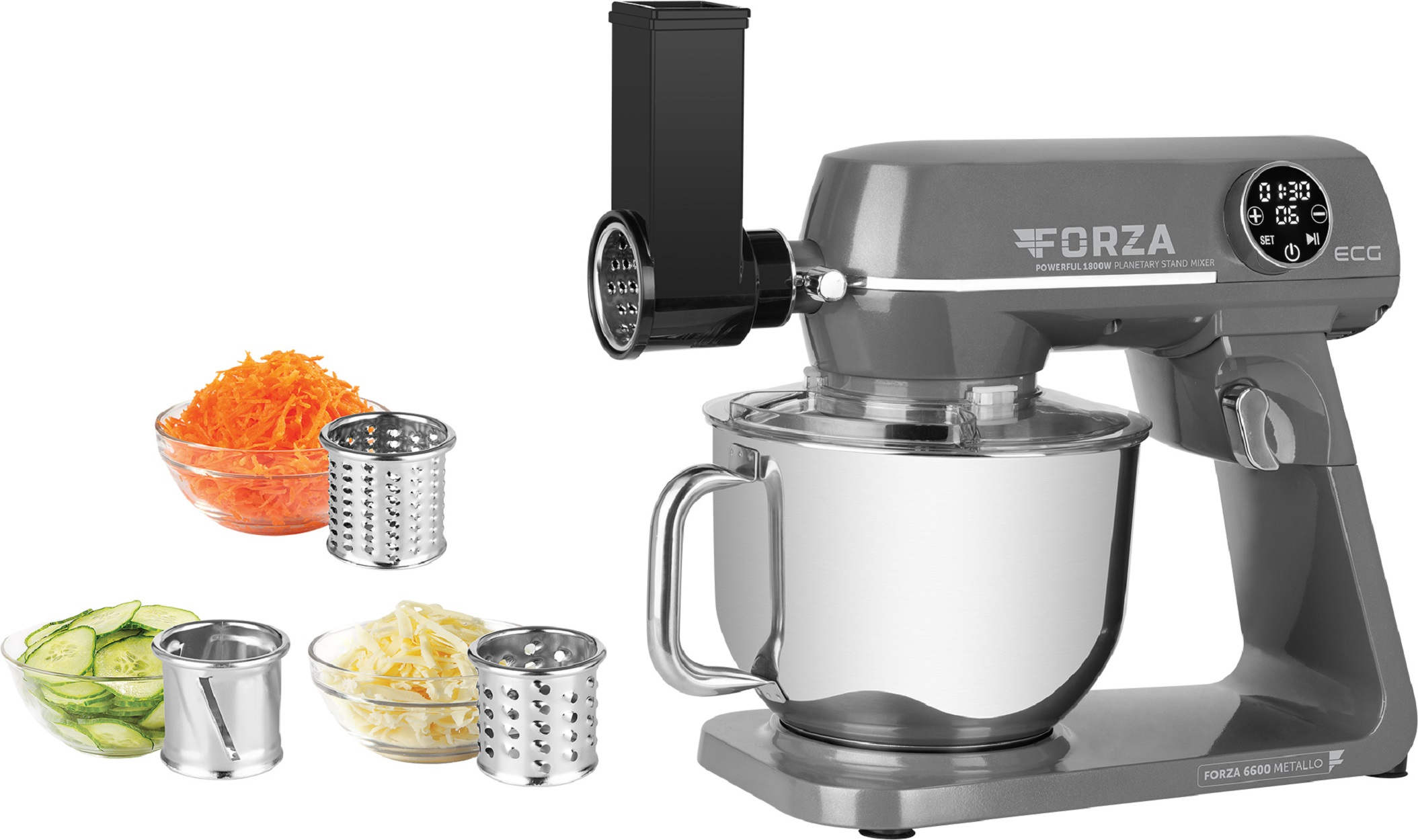 Frullatore da banco grigio con accessori per grattugiare, affettare e mescolare gli ingredienti.