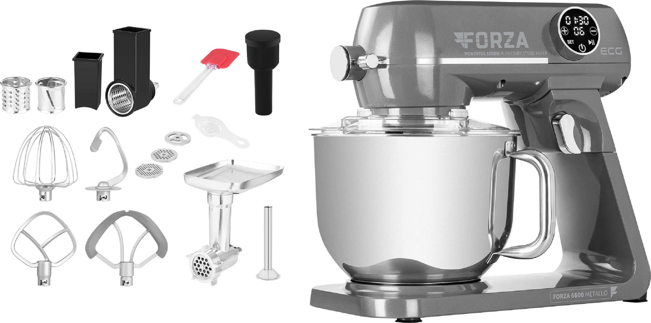 Robot da cucina grigio con accessori. Include tritacarne, frusta e altro. Marchio Forza.