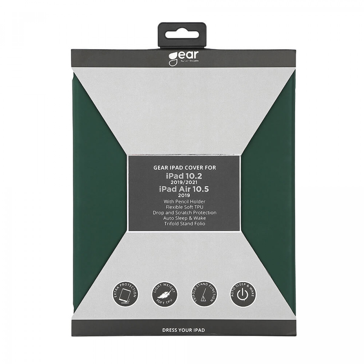 Dunkelgrüne iPad-Hülle-Verpackung. Text: Gear, iPad 10.2 und Air 10.5 Cover, Stifthalter und Folio.